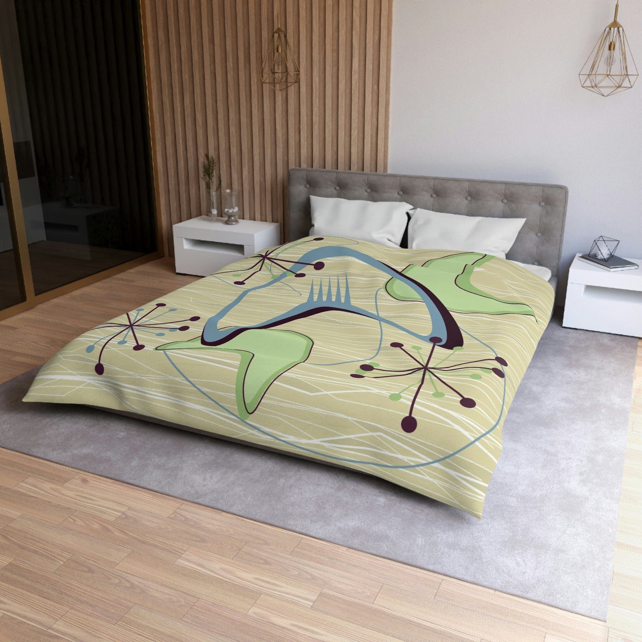 Kate McEnroe New York Atomic Boomerang 1950s Mid Century Modern Duvet Cover, Retro Vintage Beige, Blue, Green Geometric Starburst Queen, King, Twin, XL BeddingDuvet Covers32048312463302339786