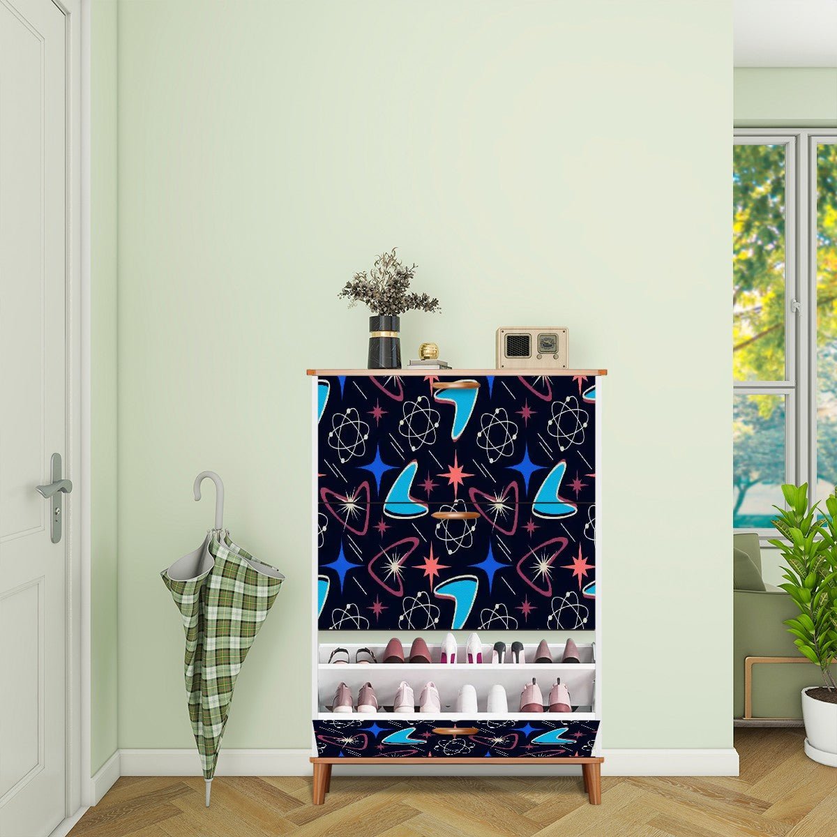 Kate McEnroe New York Atomic Boomerang Mid Century Modern Shoe Cabinet, Retro Starburst Storage UnitShoe Storagey3qqdjGvMS