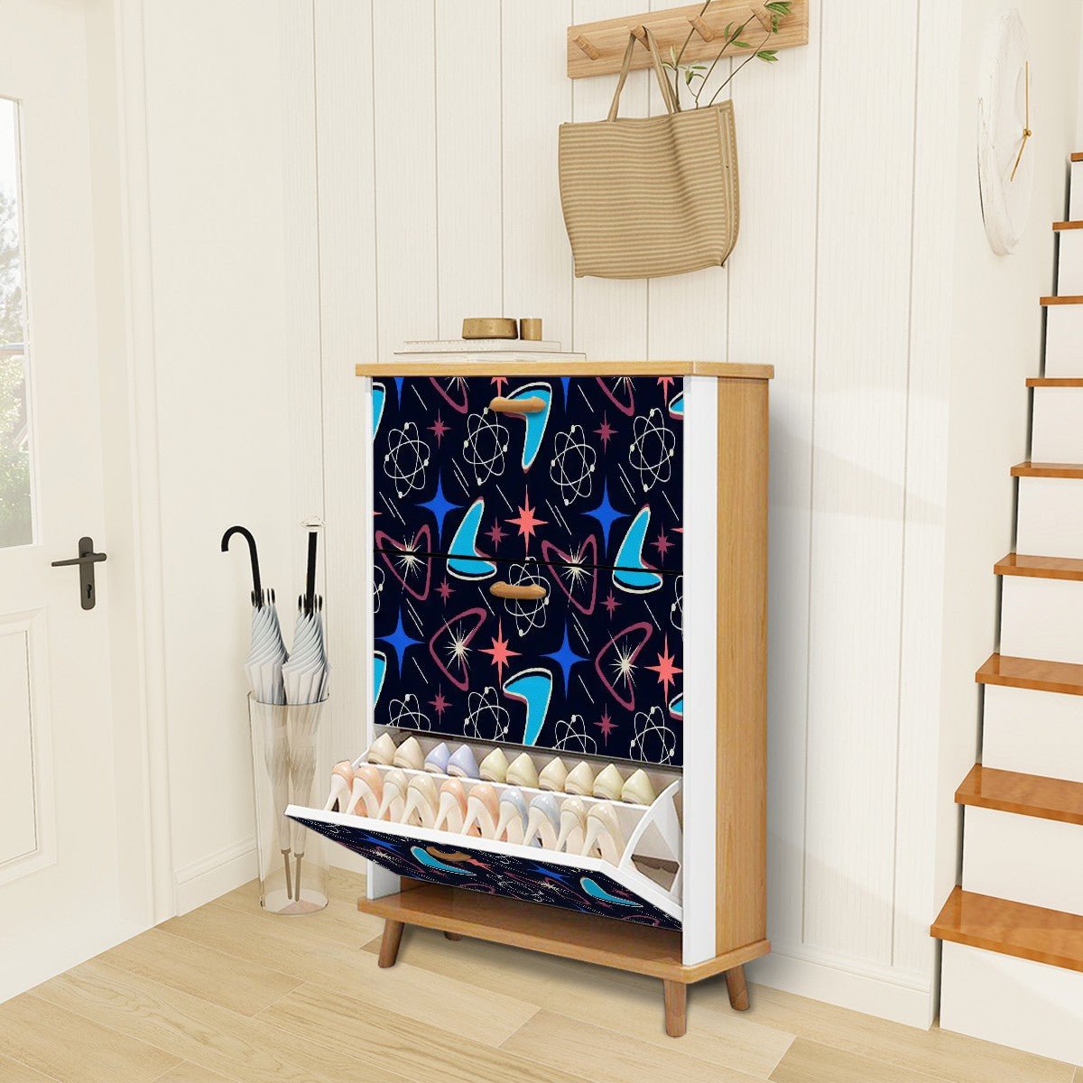 Kate McEnroe New York Atomic Boomerang Mid Century Modern Shoe Cabinet, Retro Starburst Storage UnitShoe Storagey3qqdjGvMS