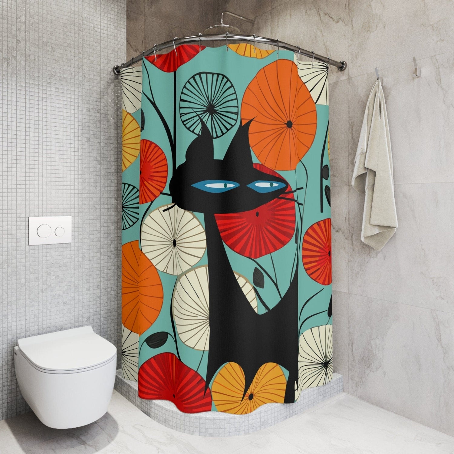 Kate McEnroe New York Atomic Cat 1950s Abstract Lotus Shower Curtain, Vintage Style Mod Geometric Design in Teal, Orange, Red and Yellow - KM13709723 Shower Curtains