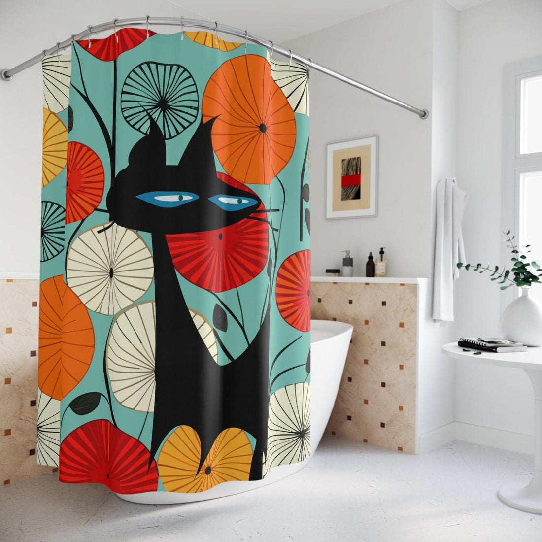 Kate McEnroe New York Atomic Cat 1950s Abstract Lotus Shower Curtain, Vintage Style Mod Geometric Design in Teal, Orange, Red and Yellow - KM13709723Shower CurtainsS40 - ATO - LOT - 7X7