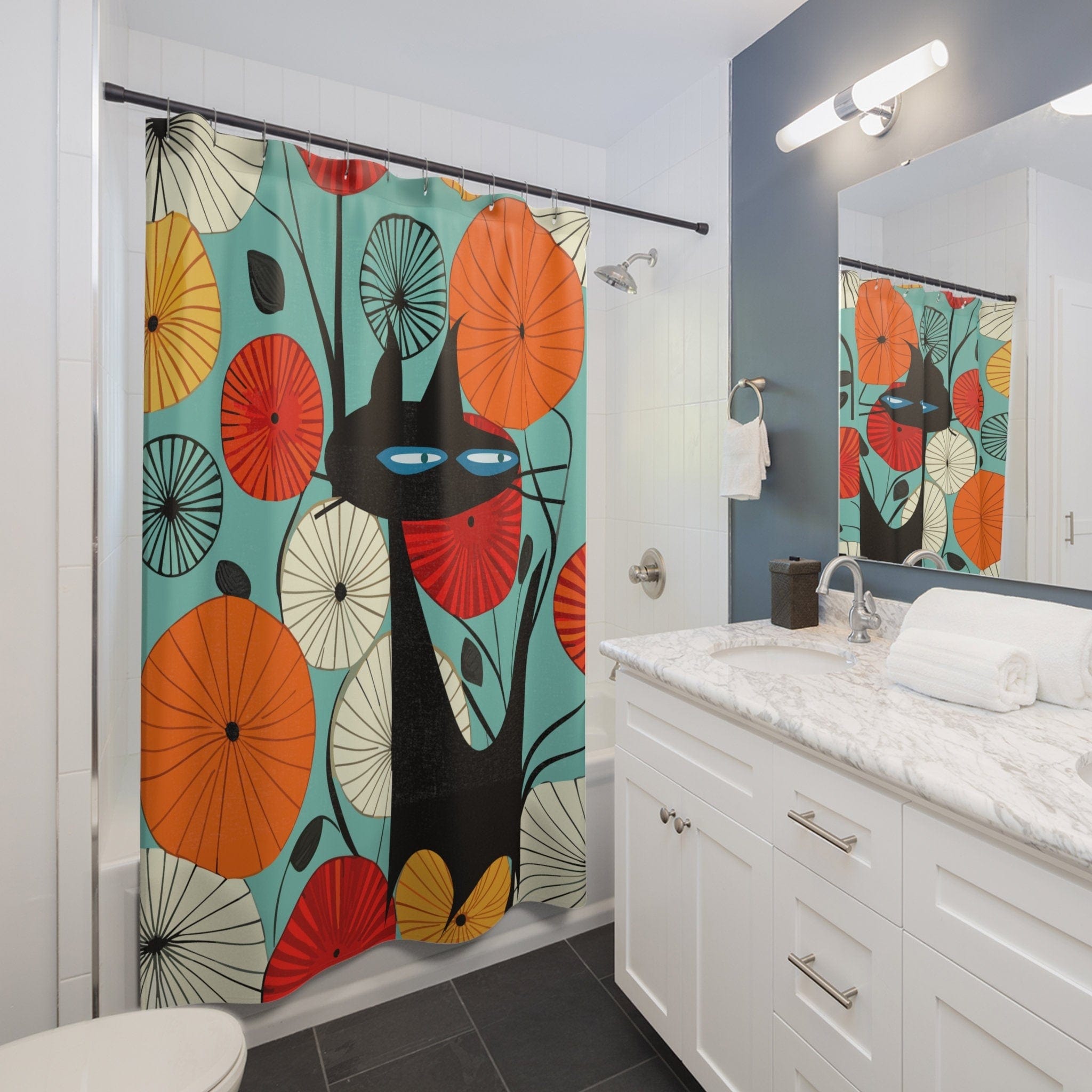 Kate McEnroe New York Atomic Cat 1950s Abstract Lotus Shower Curtain, Vintage Style Mod Geometric Design in Teal, Orange, Red and Yellow - KM13709723Shower CurtainsS40 - ATO - LOT - 7X7