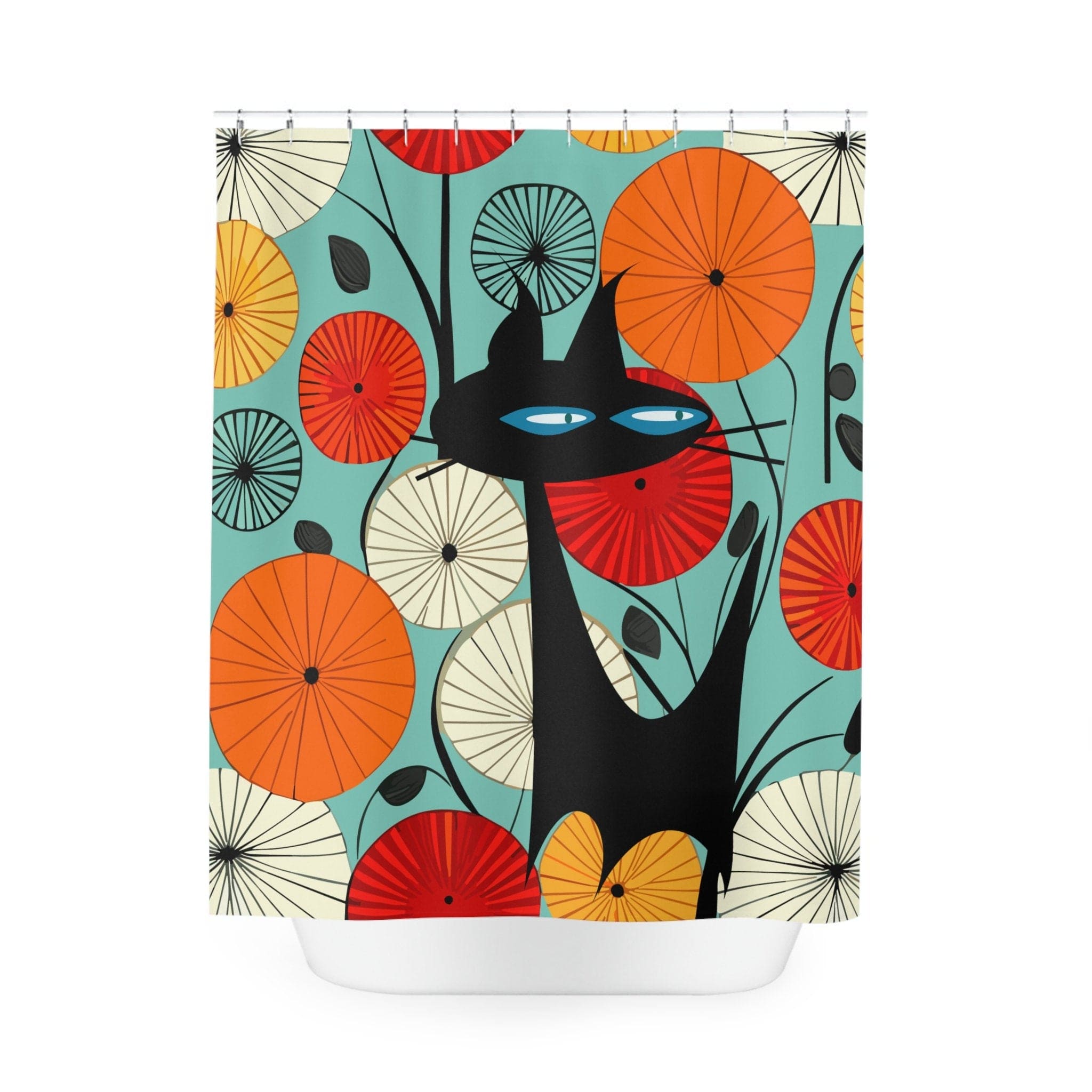 Kate McEnroe New York Atomic Cat 1950s Abstract Lotus Shower Curtain, Vintage Style Mod Geometric Design in Teal, Orange, Red and Yellow - KM13709723Shower CurtainsS40 - ATO - LOT - 7X7