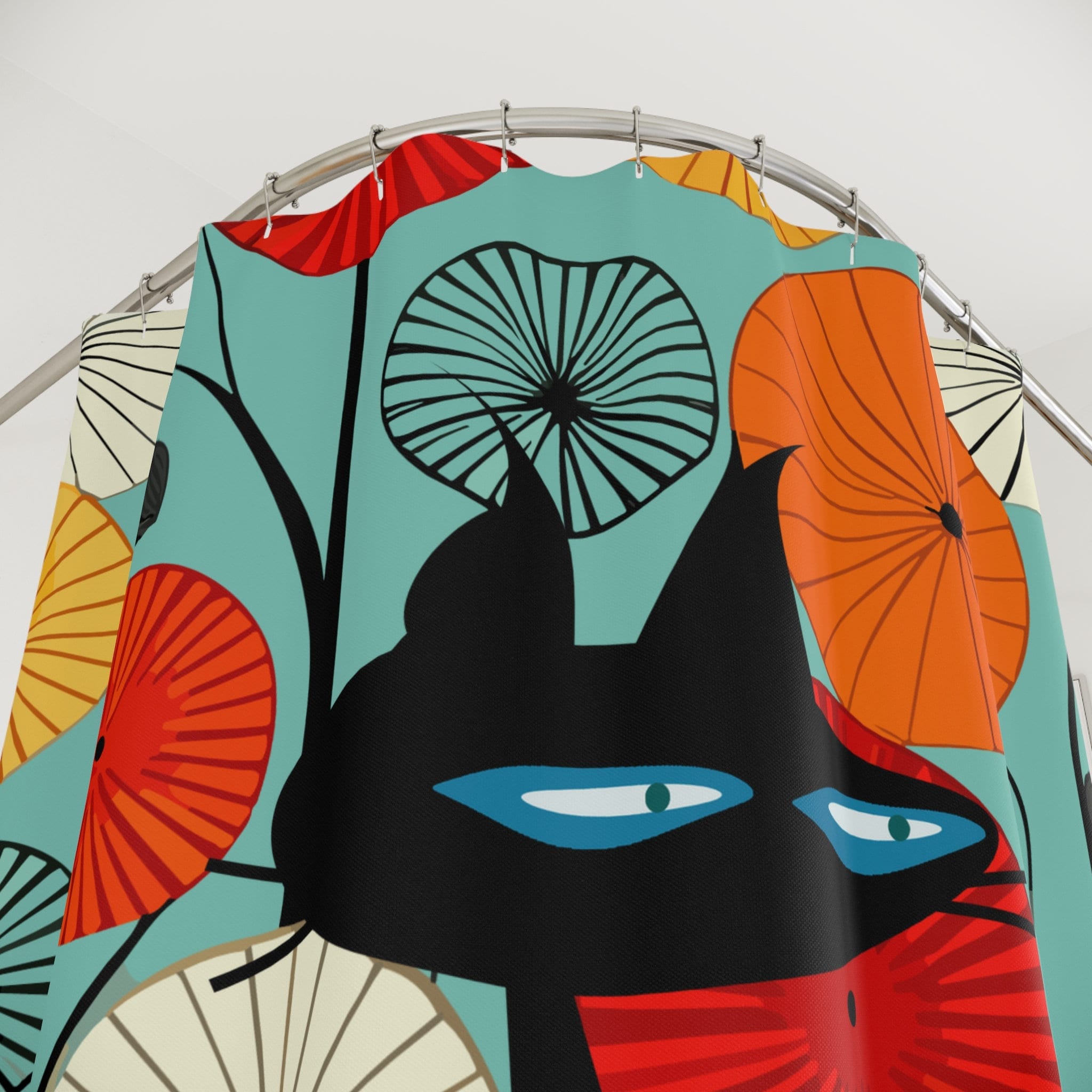 Kate McEnroe New York Atomic Cat 1950s Abstract Lotus Shower Curtain, Vintage Style Mod Geometric Design in Teal, Orange, Red and Yellow - KM13709723Shower CurtainsS40 - ATO - LOT - 7X7