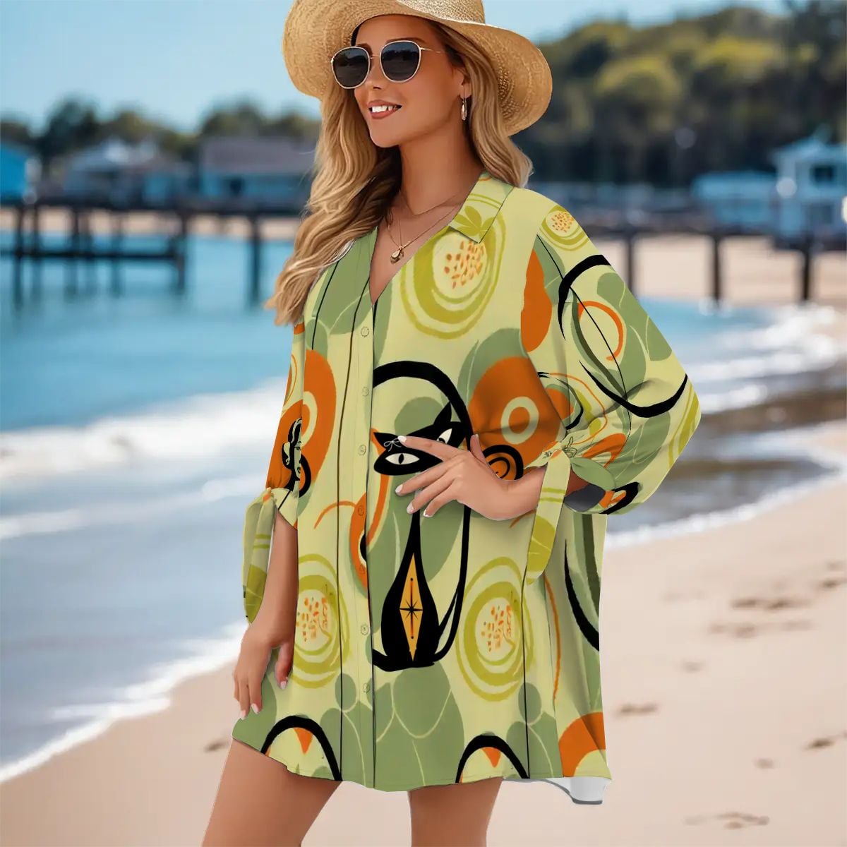 Kate McEnroe New York Atomic Cat 60s Mid Century Modern Retro Beach Cover Up ShirtSwimsuits Cover UpsvXomgwTfBj
