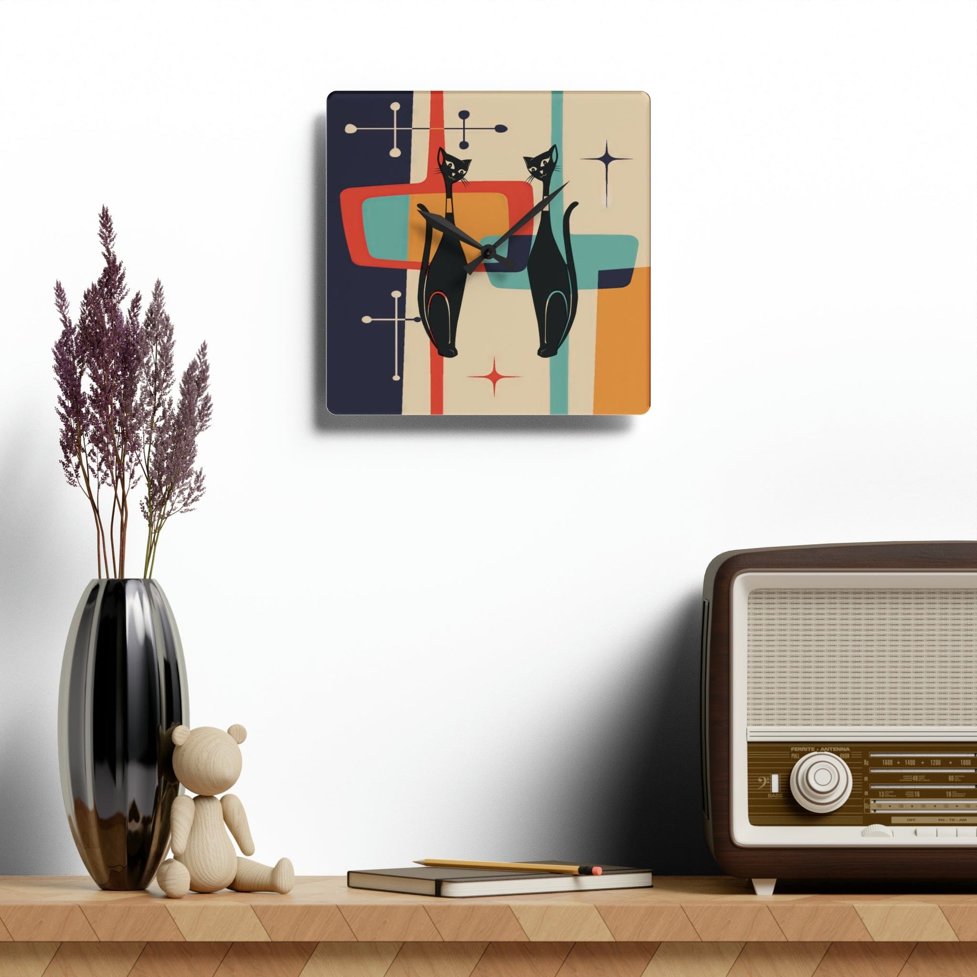 Printify Atomic Cat Acrylic Wall Clock, Kitschy Retro MCM Living Room, Bedroom, Kids, Office Home Decor Home Decor