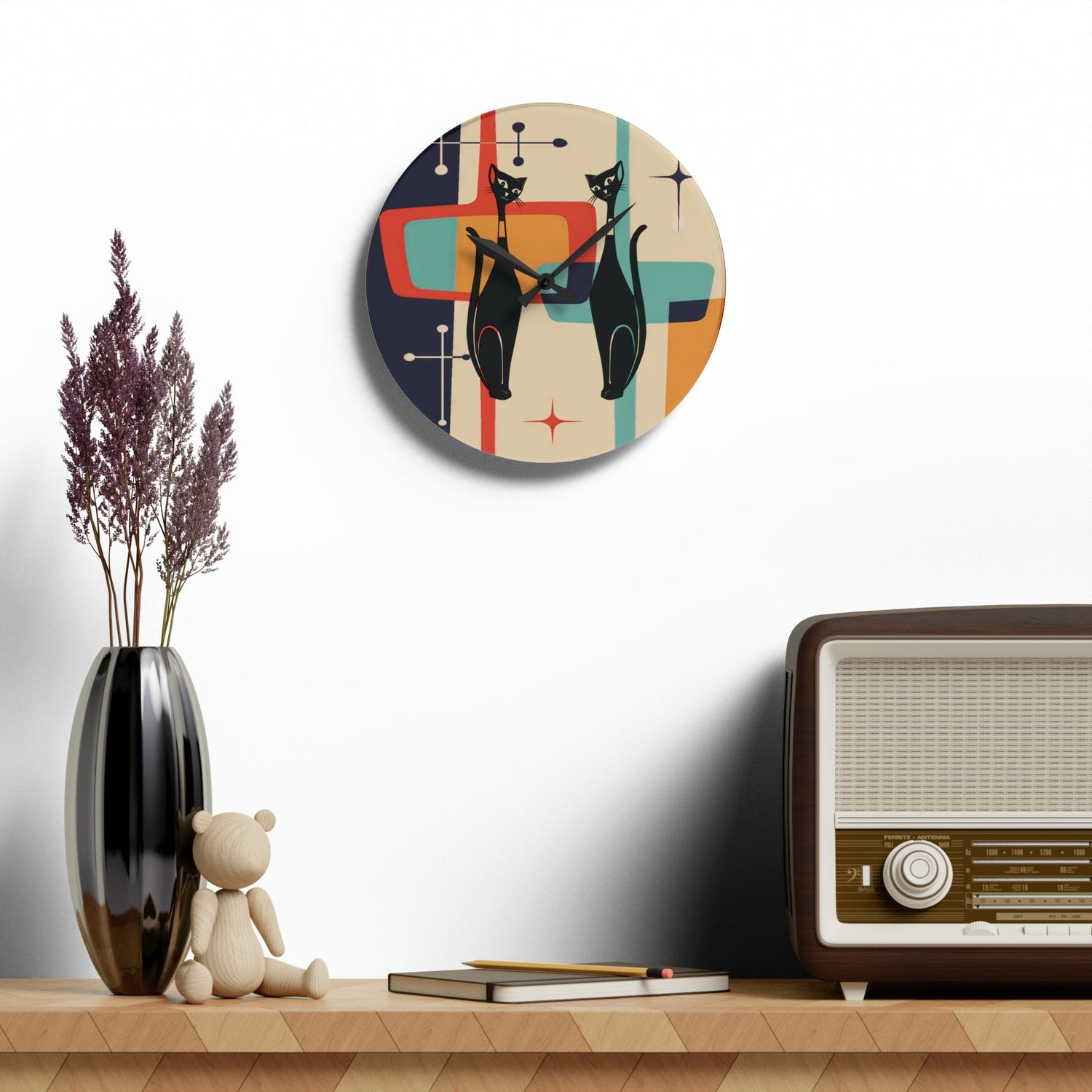 Atomic Cat Acrylic Wall Clock, Kitschy Retro MCM Living Room