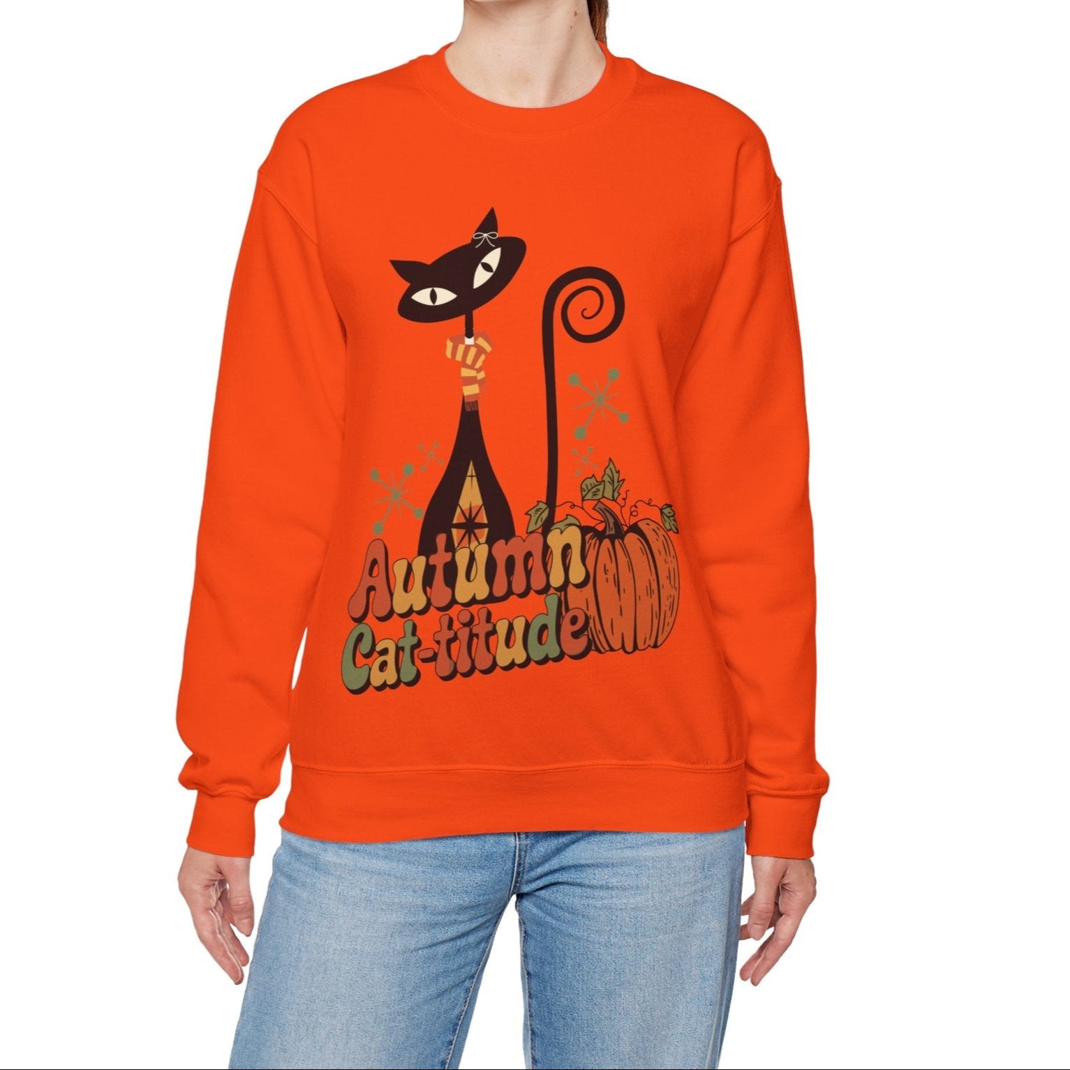 Kate McEnroe New York Atomic Cat Autumn Cat - titude Sweatshirt, Mid Century Modern Retro Fall Cozy PulloverSweatshirts18188084602911744285
