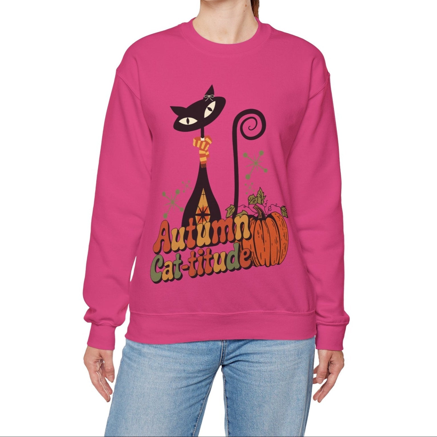 Kate McEnroe New York Atomic Cat Autumn Cat - titude Sweatshirt, Mid Century Modern Retro Fall Cozy PulloverSweatshirts18188084602911744285