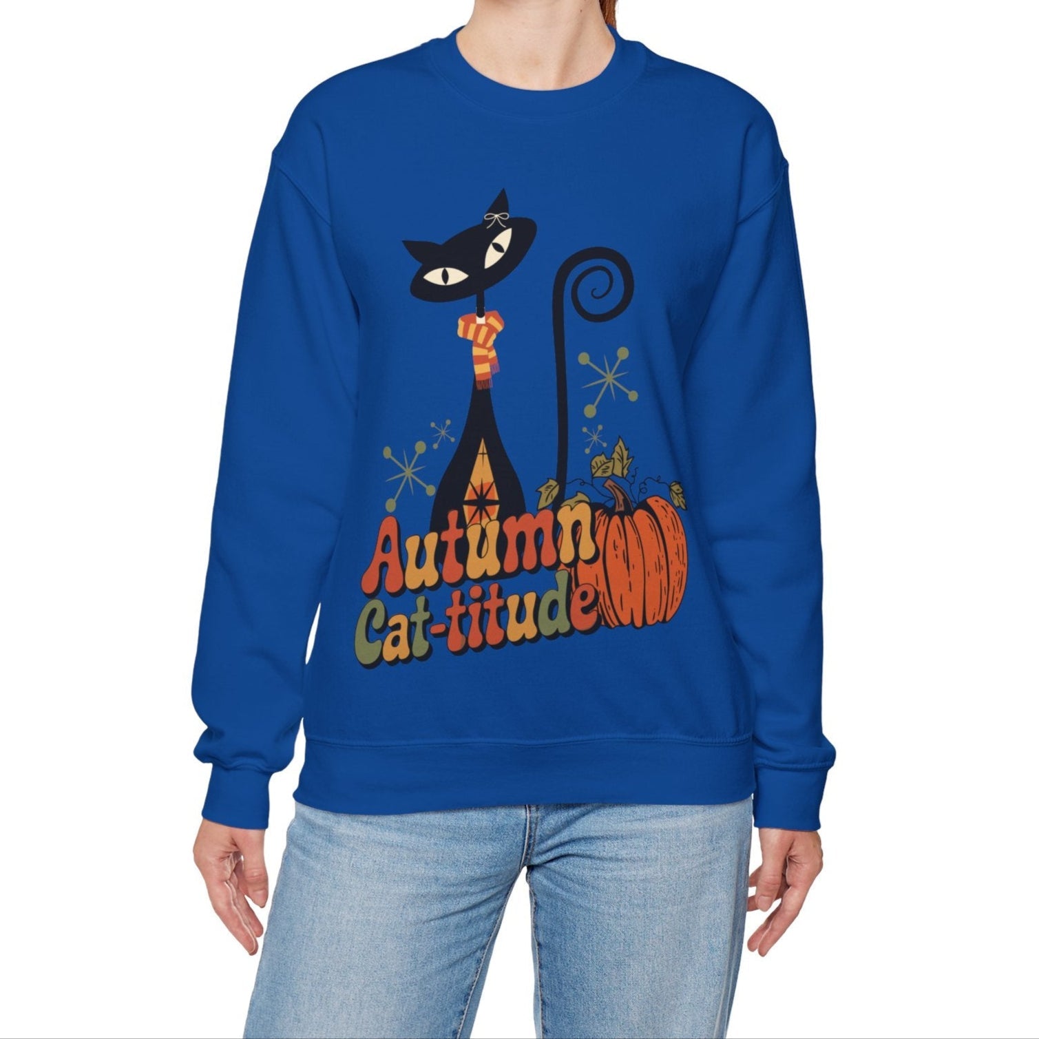 Kate McEnroe New York Atomic Cat Autumn Cat - titude Sweatshirt, Mid Century Modern Retro Fall Cozy PulloverSweatshirts18188084602911744285