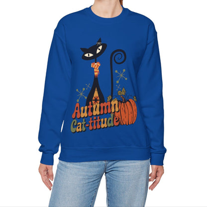Kate McEnroe New York Atomic Cat Autumn Cat - titude Sweatshirt, Mid Century Modern Retro Fall Cozy PulloverSweatshirts18188084602911744285
