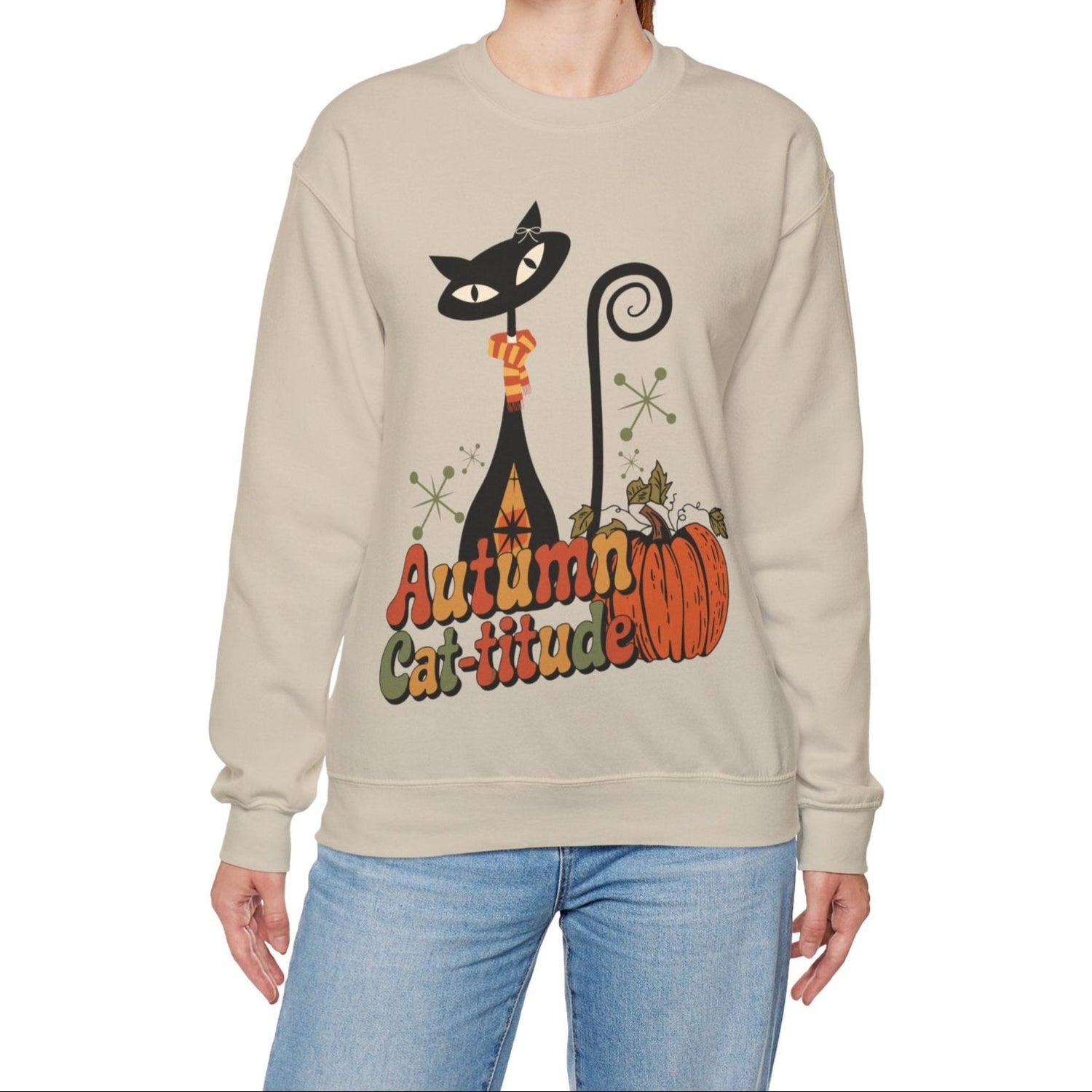 Kate McEnroe New York Atomic Cat Autumn Cat - titude Sweatshirt, Mid Century Modern Retro Fall Cozy PulloverSweatshirts18188084602911744285