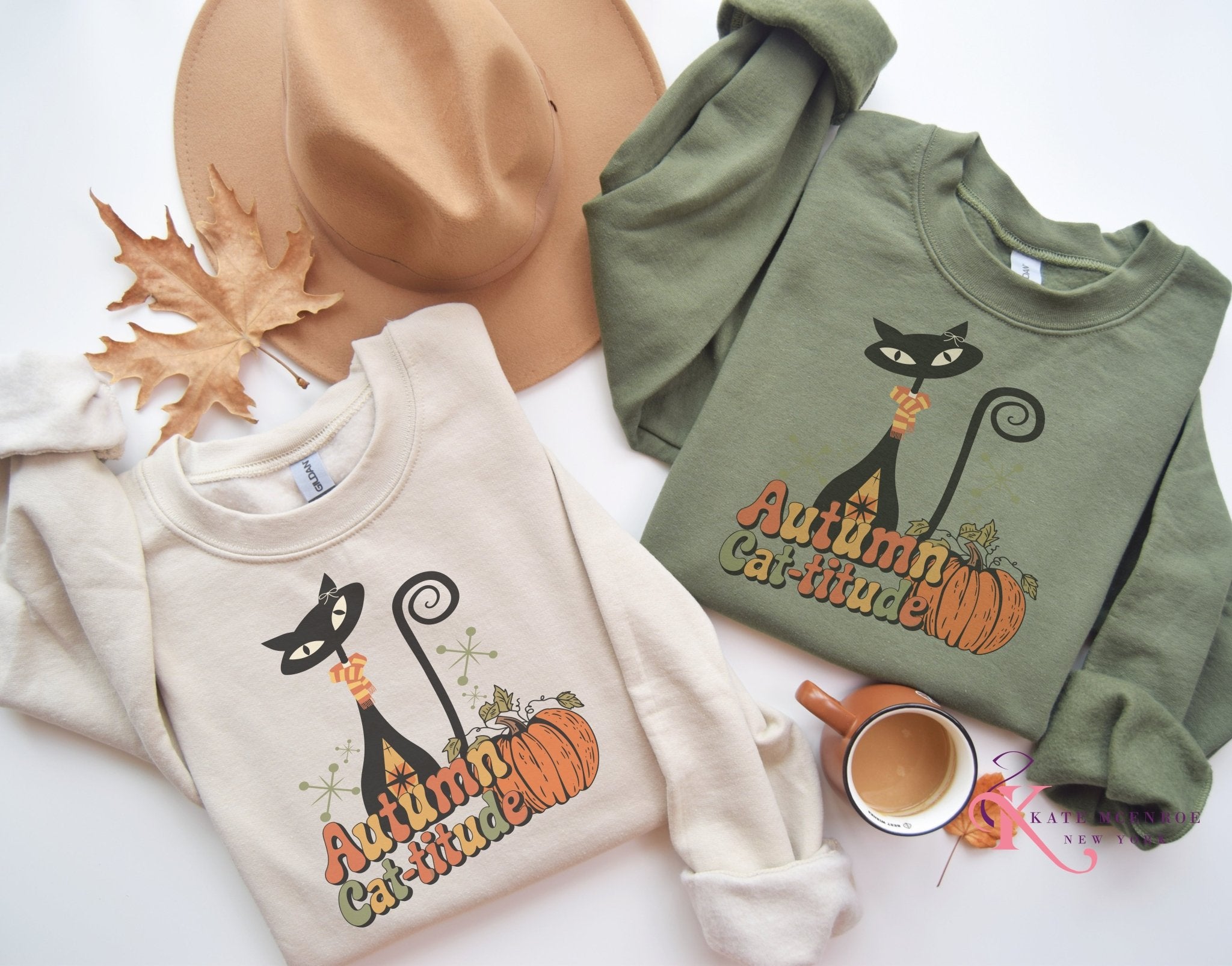 Kate McEnroe New York Atomic Cat Autumn Cat - titude Sweatshirt, Mid Century Modern Retro Fall Cozy PulloverSweatshirts18188084602911744285