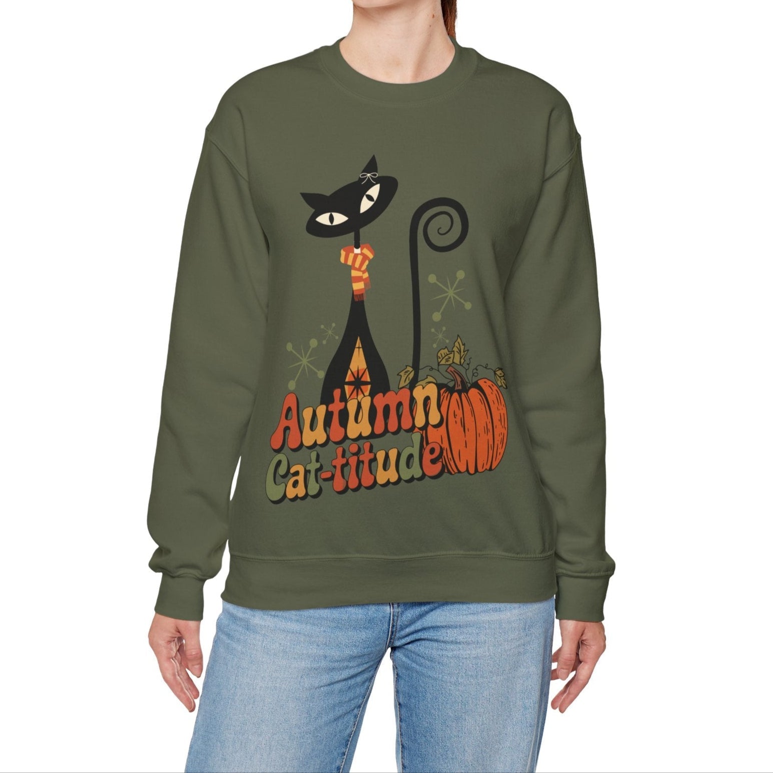Kate McEnroe New York Atomic Cat Autumn Cat - titude Sweatshirt, Mid Century Modern Retro Fall Cozy PulloverSweatshirts18188084602911744285