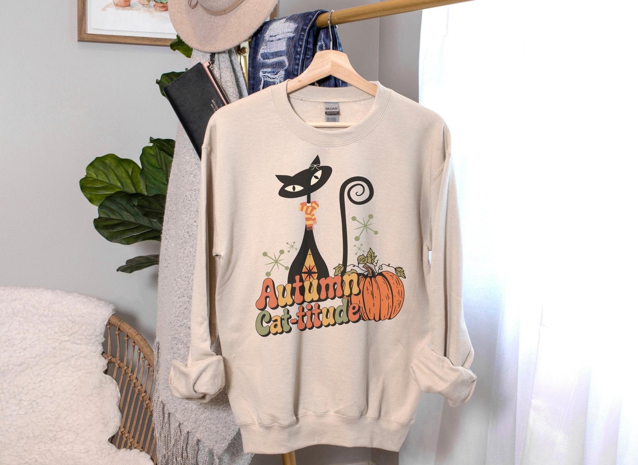 Kate McEnroe New York Atomic Cat Autumn Cat - titude Sweatshirt, Mid Century Modern Retro Fall Cozy PulloverSweatshirts18188084602911744285