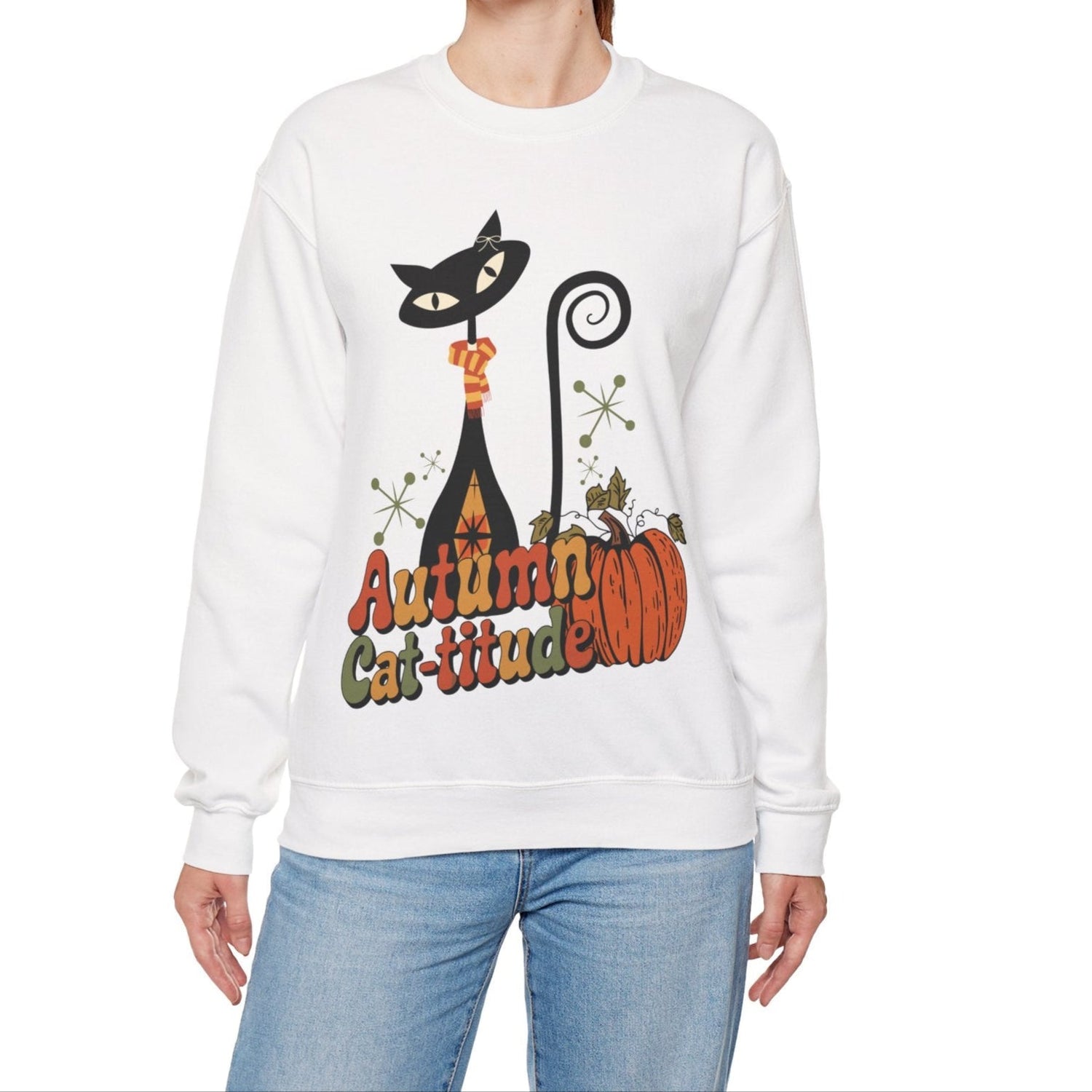 Kate McEnroe New York Atomic Cat Autumn Cat - titude Sweatshirt, Mid Century Modern Retro Fall Cozy PulloverSweatshirts18188084602911744285