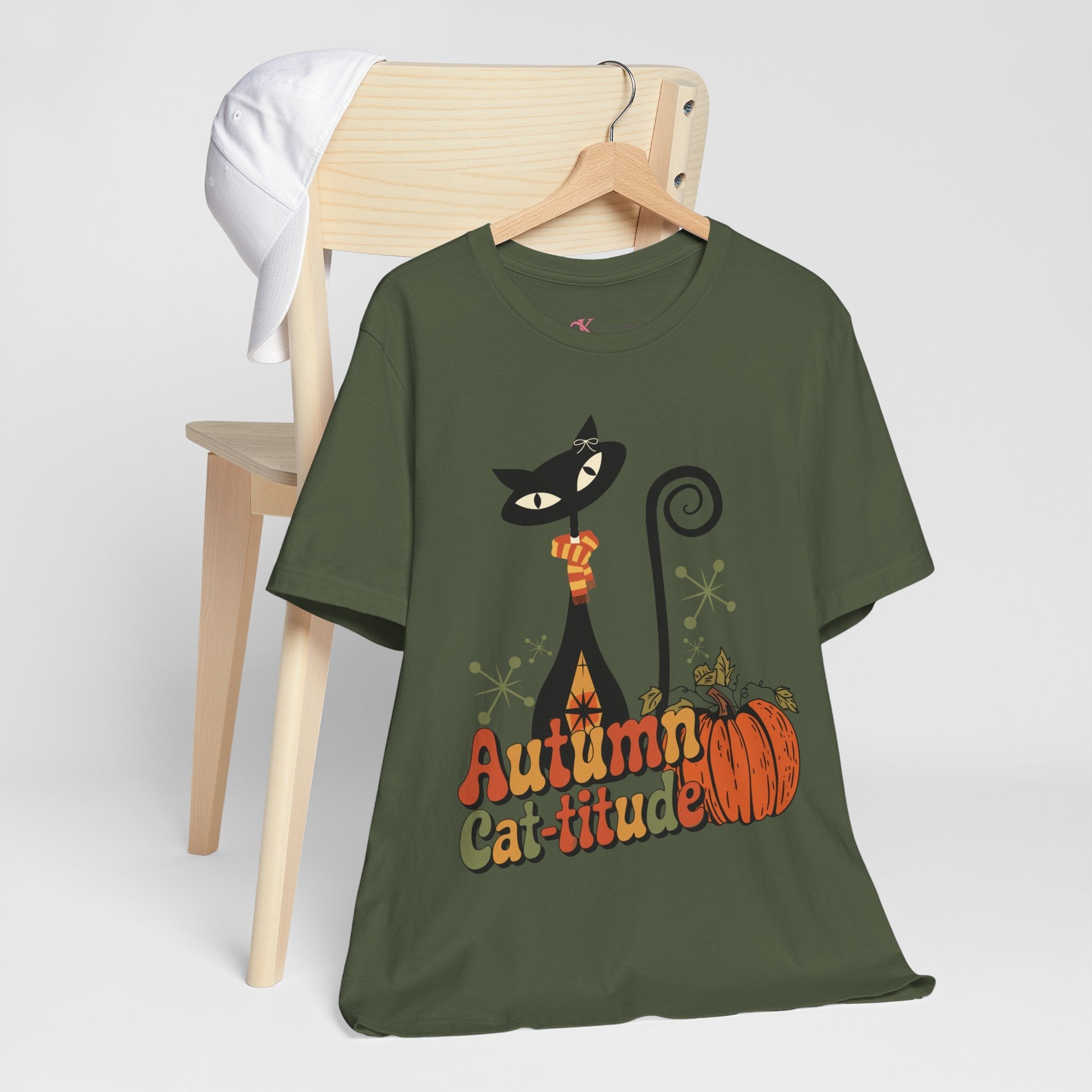 Kate McEnroe New York Atomic Cat Autumn Cat - titude T-Shirt, Retro Fall Pumpkin Mid Century Modern TeeT-Shirts16885026438218960945