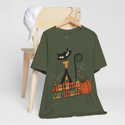 Kate McEnroe New York Atomic Cat Autumn Cat - titude T-Shirt, Retro Fall Pumpkin Mid Century Modern TeeT-Shirts16885026438218960945