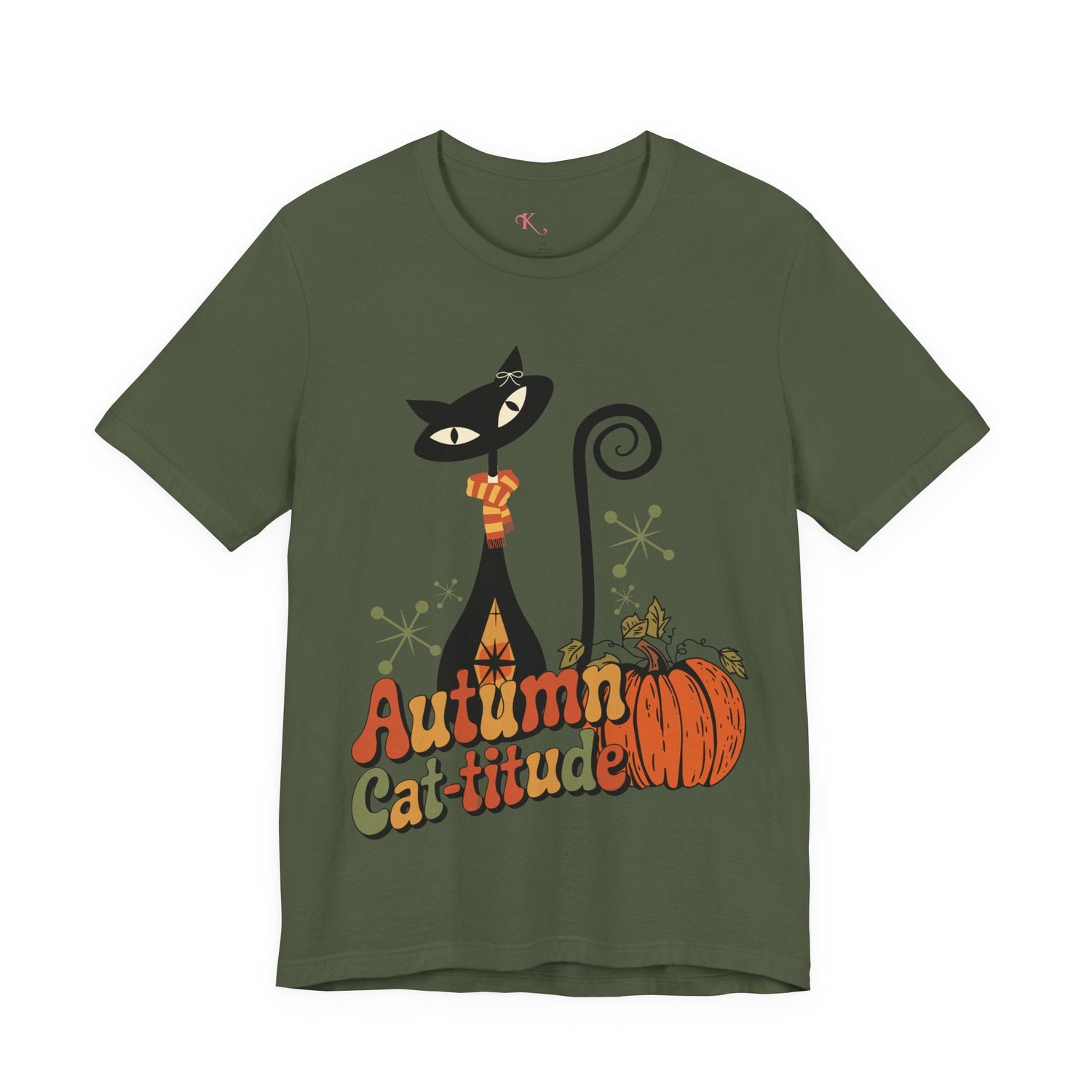 Kate McEnroe New York Atomic Cat Autumn Cat - titude T-Shirt, Retro Fall Pumpkin Mid Century Modern TeeT-Shirts16885026438218960945