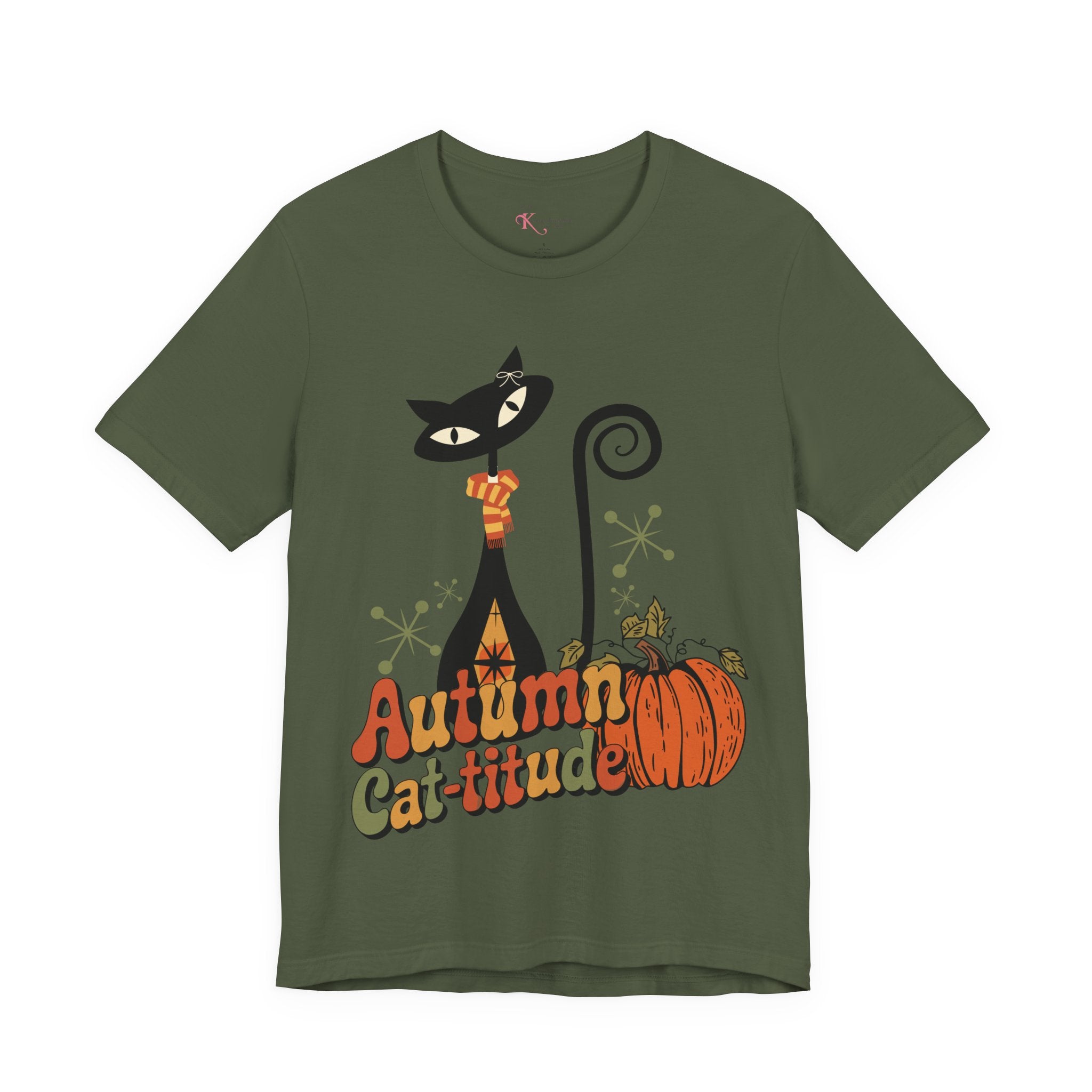 Kate McEnroe New York Atomic Cat Autumn Cat - titude T-Shirt, Retro Fall Pumpkin Mid Century Modern TeeT-Shirts16885026438218960945