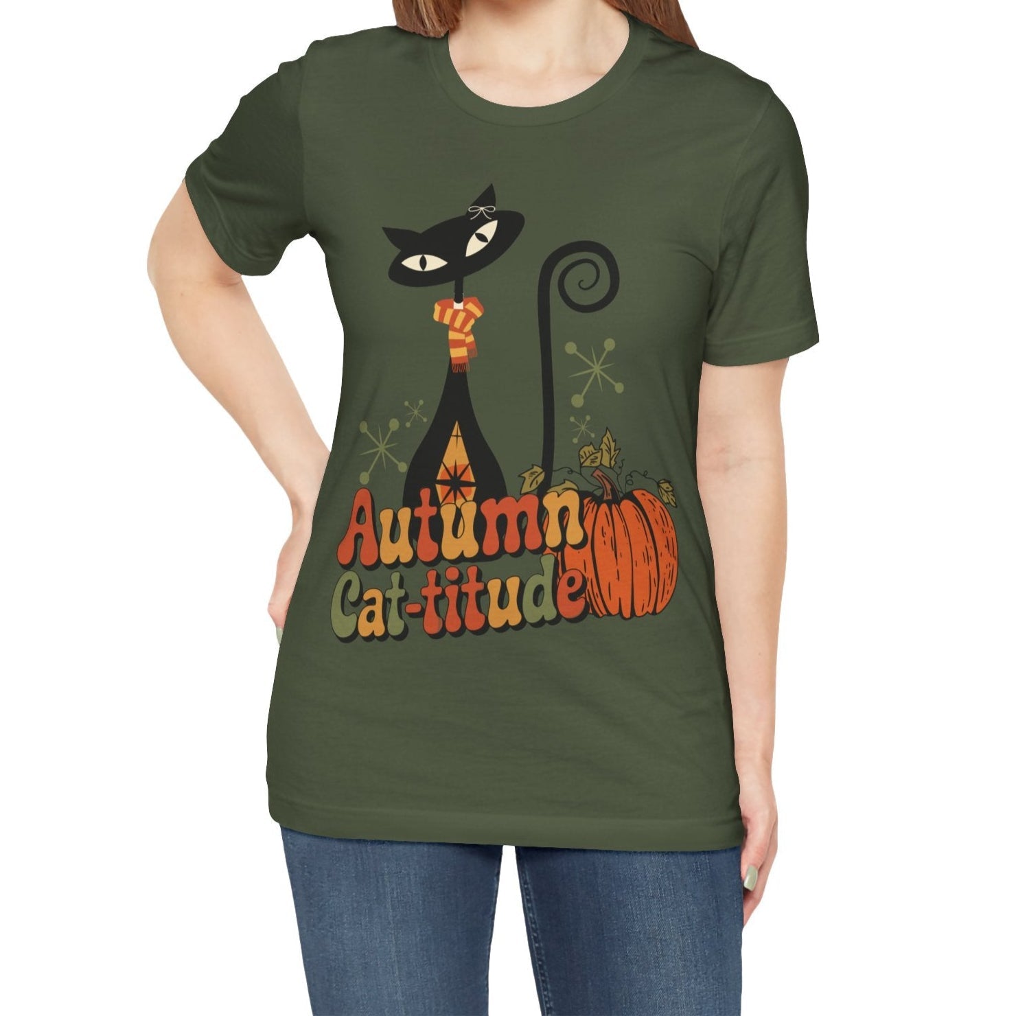 Kate McEnroe New York Atomic Cat Autumn Cat - titude T-Shirt, Retro Fall Pumpkin Mid Century Modern TeeT-Shirts16885026438218960945