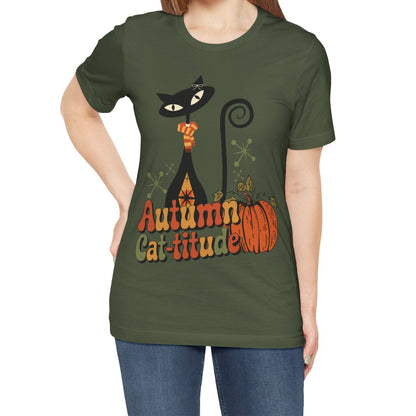Kate McEnroe New York Atomic Cat Autumn Cat - titude T-Shirt, Retro Fall Pumpkin Mid Century Modern TeeT-Shirts16885026438218960945