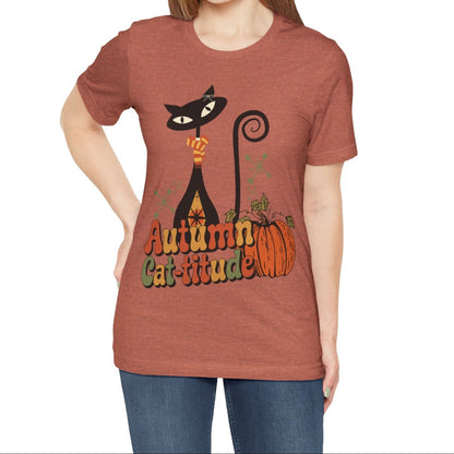 Kate McEnroe New York Atomic Cat Autumn Cat - titude T-Shirt, Retro Fall Pumpkin Mid Century Modern TeeT-Shirts16885026438218960945
