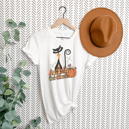 Kate McEnroe New York Atomic Cat Autumn Cat - titude T-Shirt, Retro Fall Pumpkin Mid Century Modern TeeT-Shirts24910011575403559184