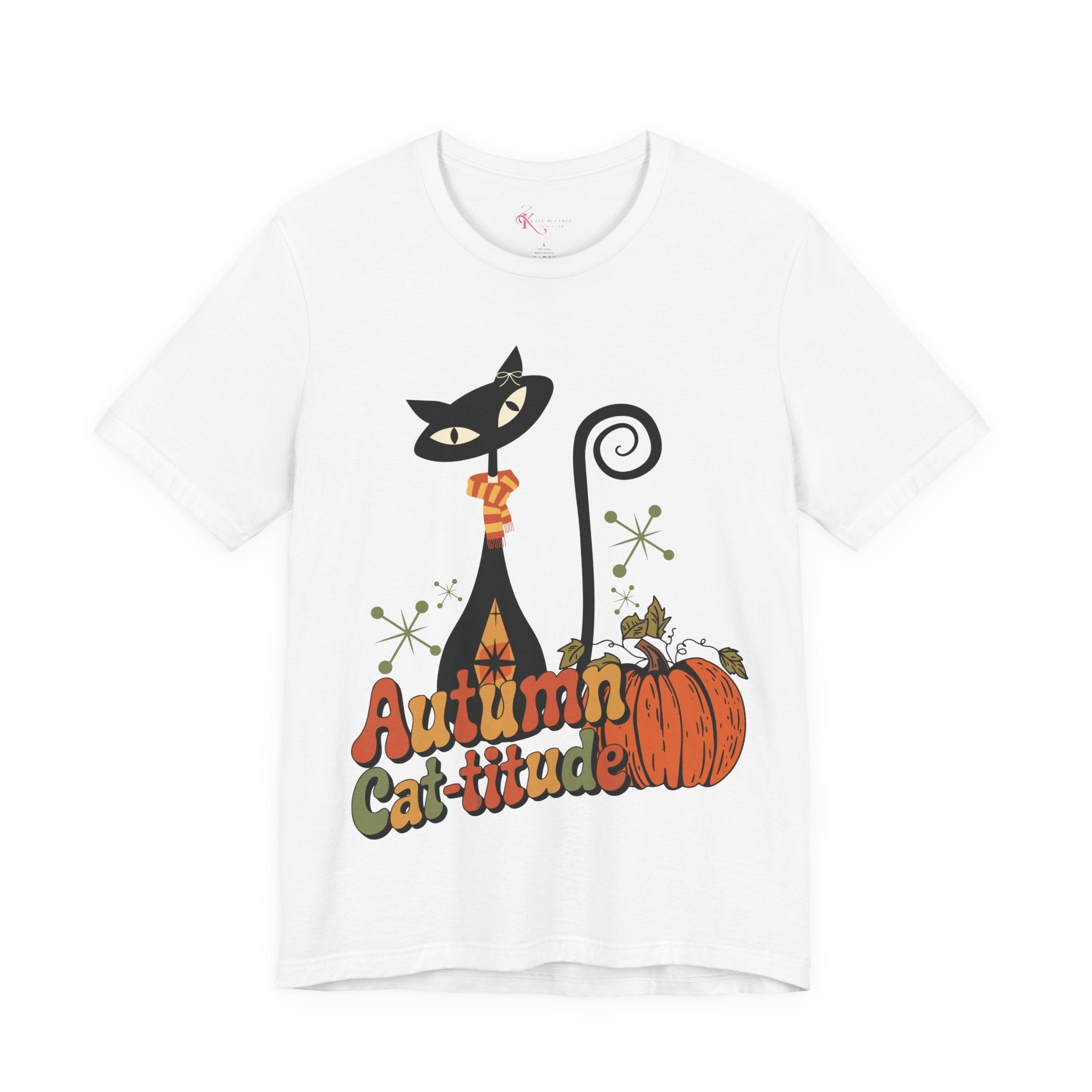 Kate McEnroe New York Atomic Cat Autumn Cat - titude T-Shirt, Retro Fall Pumpkin Mid Century Modern TeeT-Shirts27994140453066125533