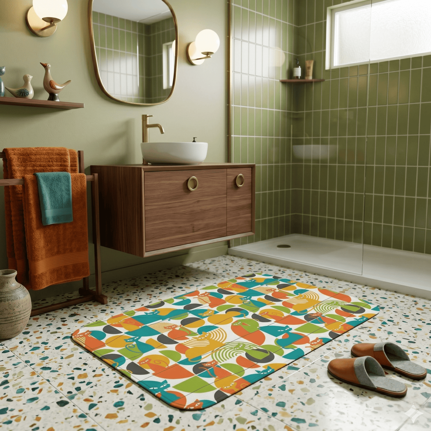 Kate McEnroe New York Atomic Cat Bath Mat, Mid Century Modern Retro Geometric Bathroom RugBath Mats27237991752670463883
