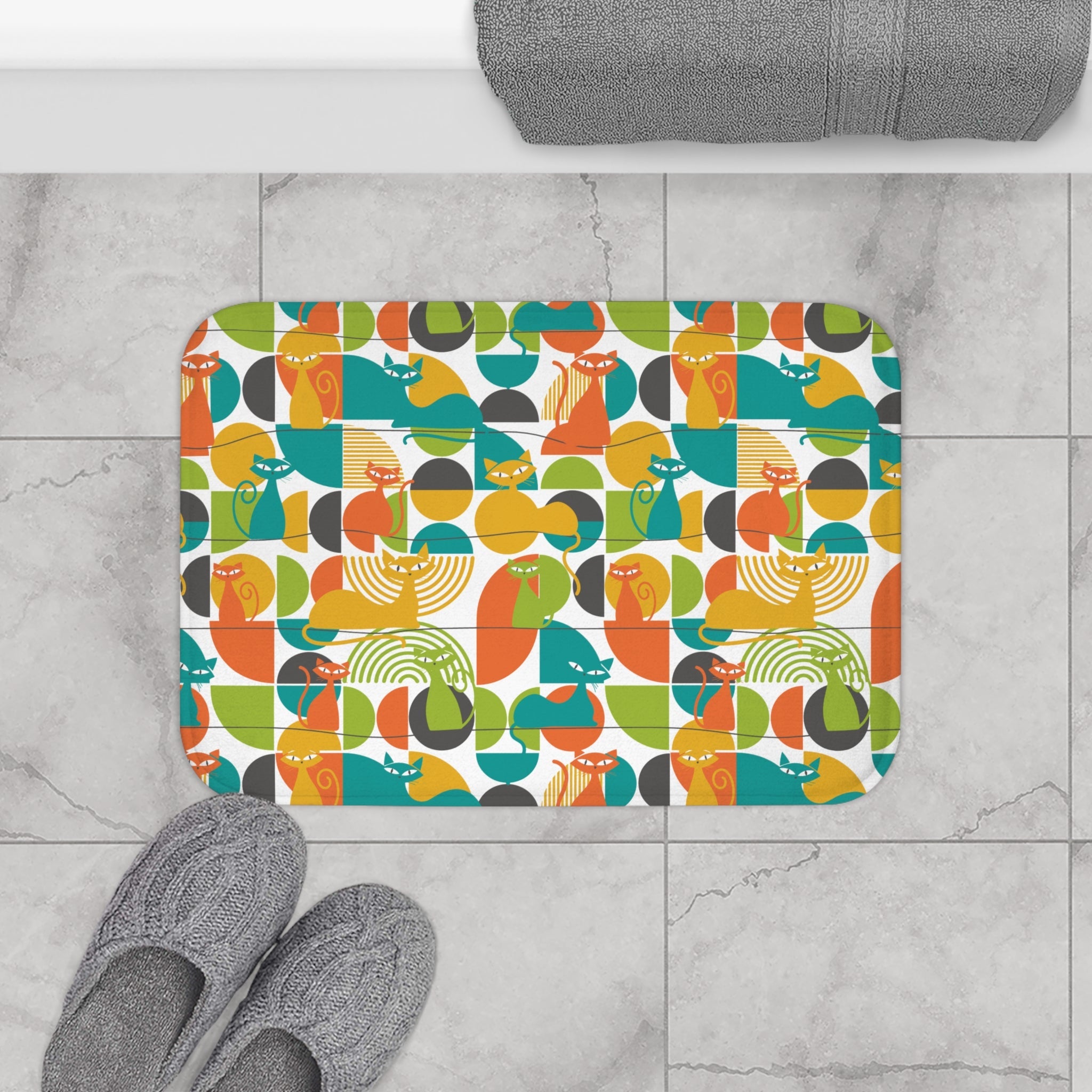 Kate McEnroe New York Atomic Cat Bath Mat, Mid Century Modern Retro Geometric Bathroom RugBath Mats27237991752670463883