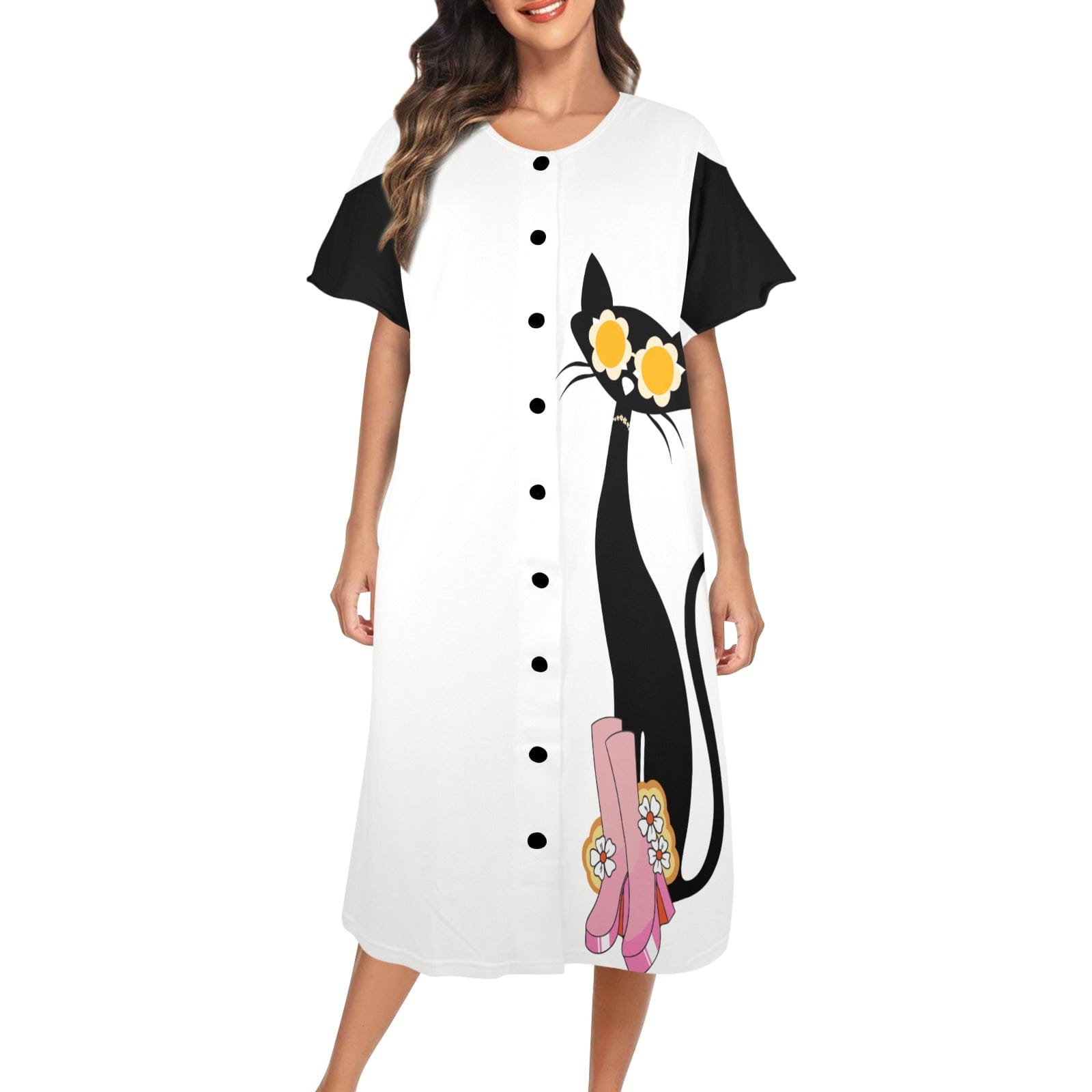 interestprint Atomic Cat Boho Chic MuMu Loungewear XS / Black and White Women's Button Front House Dress（Model Sets 20） D2876207