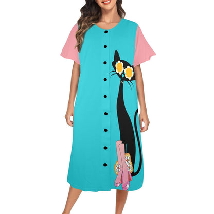 interestprint Atomic Cat Boho Chic MuMu Loungewear XS / Pink and Blue Women's Button Front House Dress（Model Sets 20） D2876205
