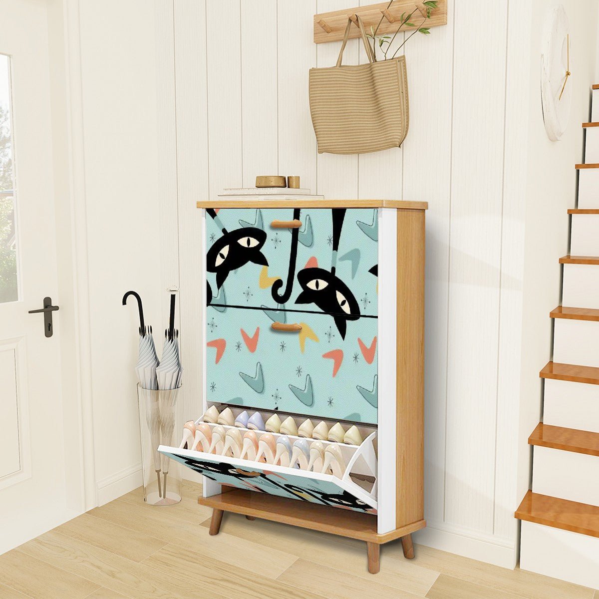Kate McEnroe New York Atomic Cat Boomerang Shoe Storage Cabinet, Mid Century Modern Kitty Furniture, Retro Starburst Entryway OrganizerShoe StoragetkJ0Z9QbEl