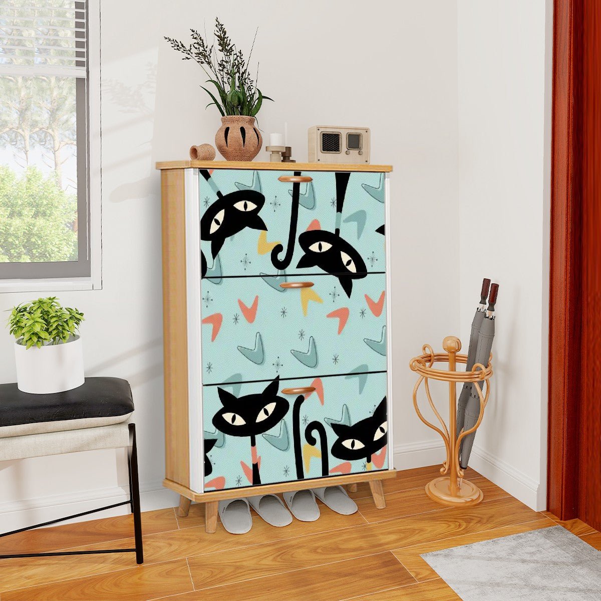 Kate McEnroe New York Atomic Cat Boomerang Shoe Storage Cabinet, Mid Century Modern Kitty Furniture, Retro Starburst Entryway OrganizerShoe StoragetkJ0Z9QbEl