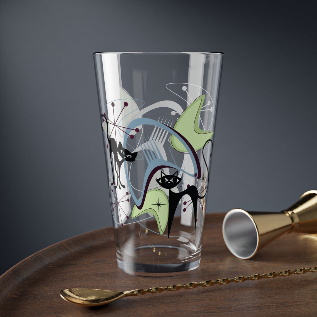 Kate McEnroe New York Atomic Cat Boomerang Starburst Cocktail Glass, Mid Century Modern Pint, Retro Barware, MCM Drinking Glass Mixing Glasses 16oz 25588061832193812251