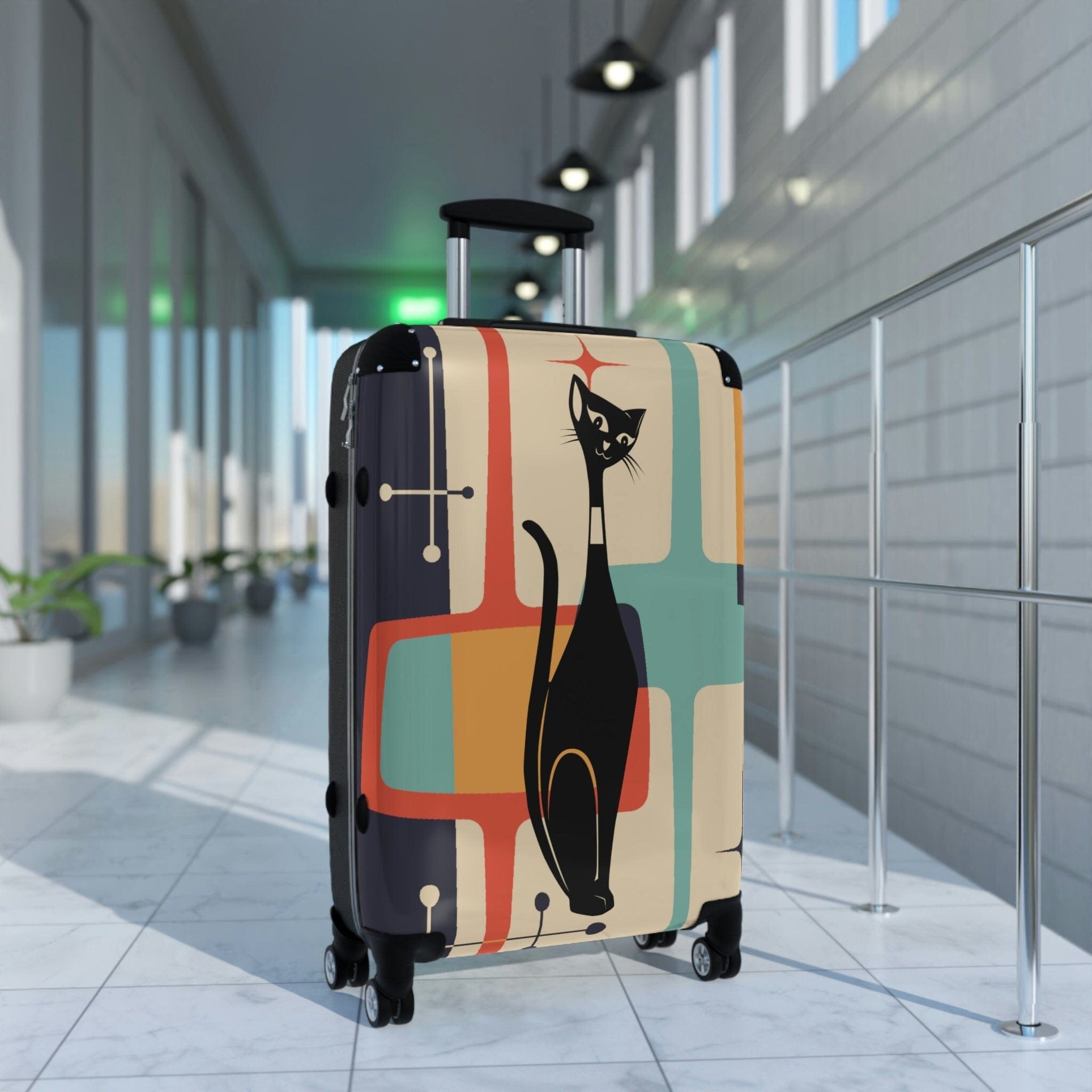 Kate McEnroe New York Atomic Cat Cabin Suitcase, Mid Century Modern Teal Blue, Mustard Yellow, Cream MCM Starburst Carry-On Roller Travel Luggage Set Suitcases