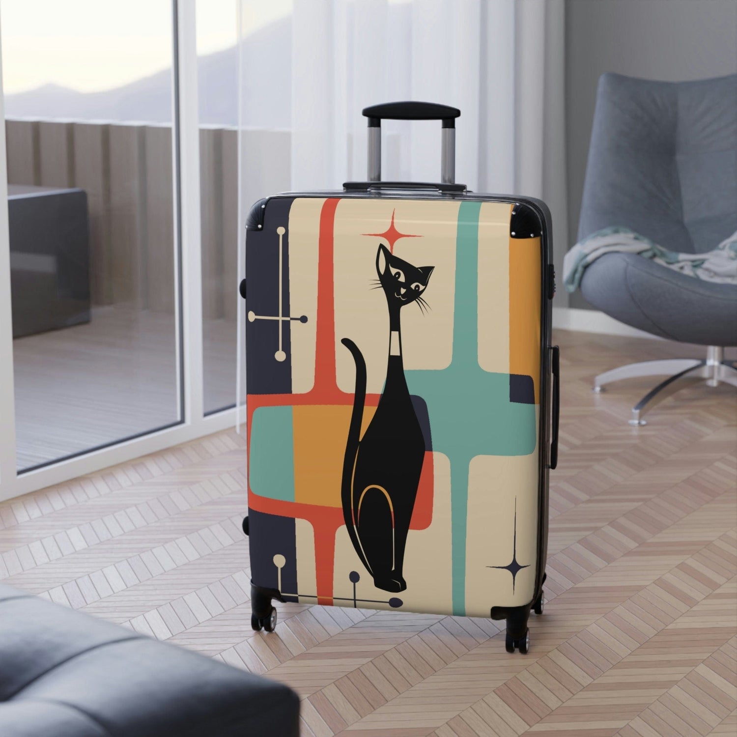 Kate McEnroe New York Atomic Cat Cabin Suitcase, Mid Century Modern Teal Blue, Mustard Yellow, Cream MCM Starburst Carry - On Roller Travel Luggage SetSuitcases22410941575897886336