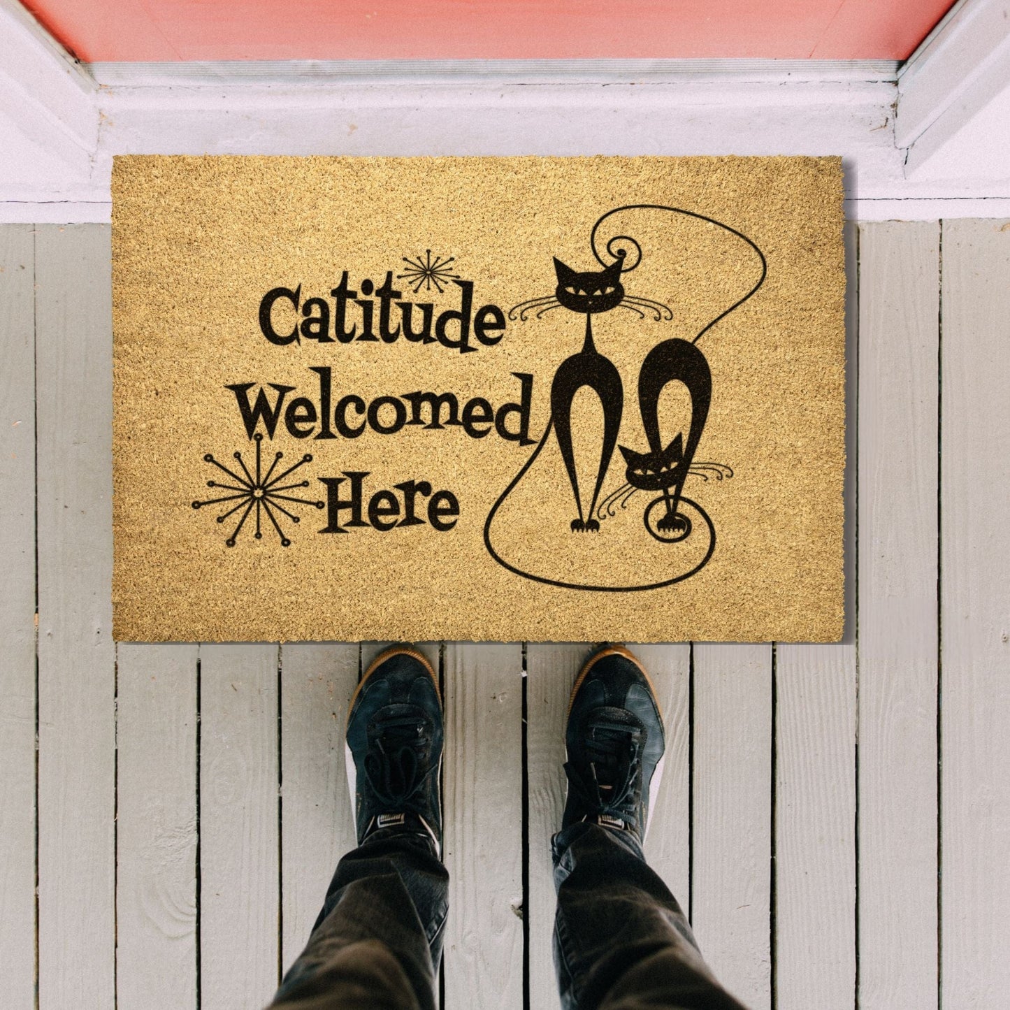 Kate McEnroe New York Atomic Cat "Catitude Welcome Here" Doormat, Midcentury Modern Kitty, Retro Funny Entrance Mat - KM13629723 Door Mats