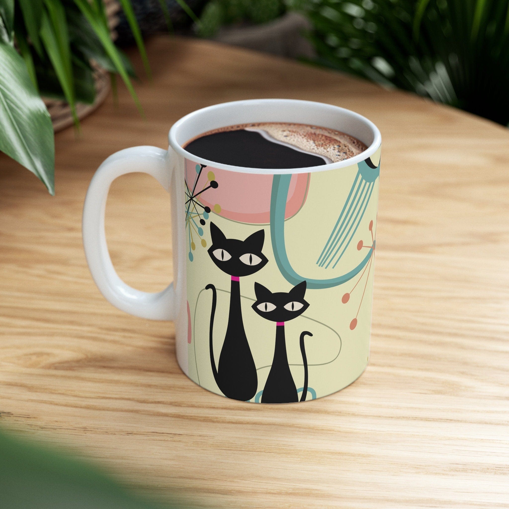 Kate McEnroe New York Atomic Cat Ceramic Mug, 11oz Mid Century Modern Beige, Aqua, Pink Boomerang Starbursts Drinkware - 127381923Mugs23601483768768573620