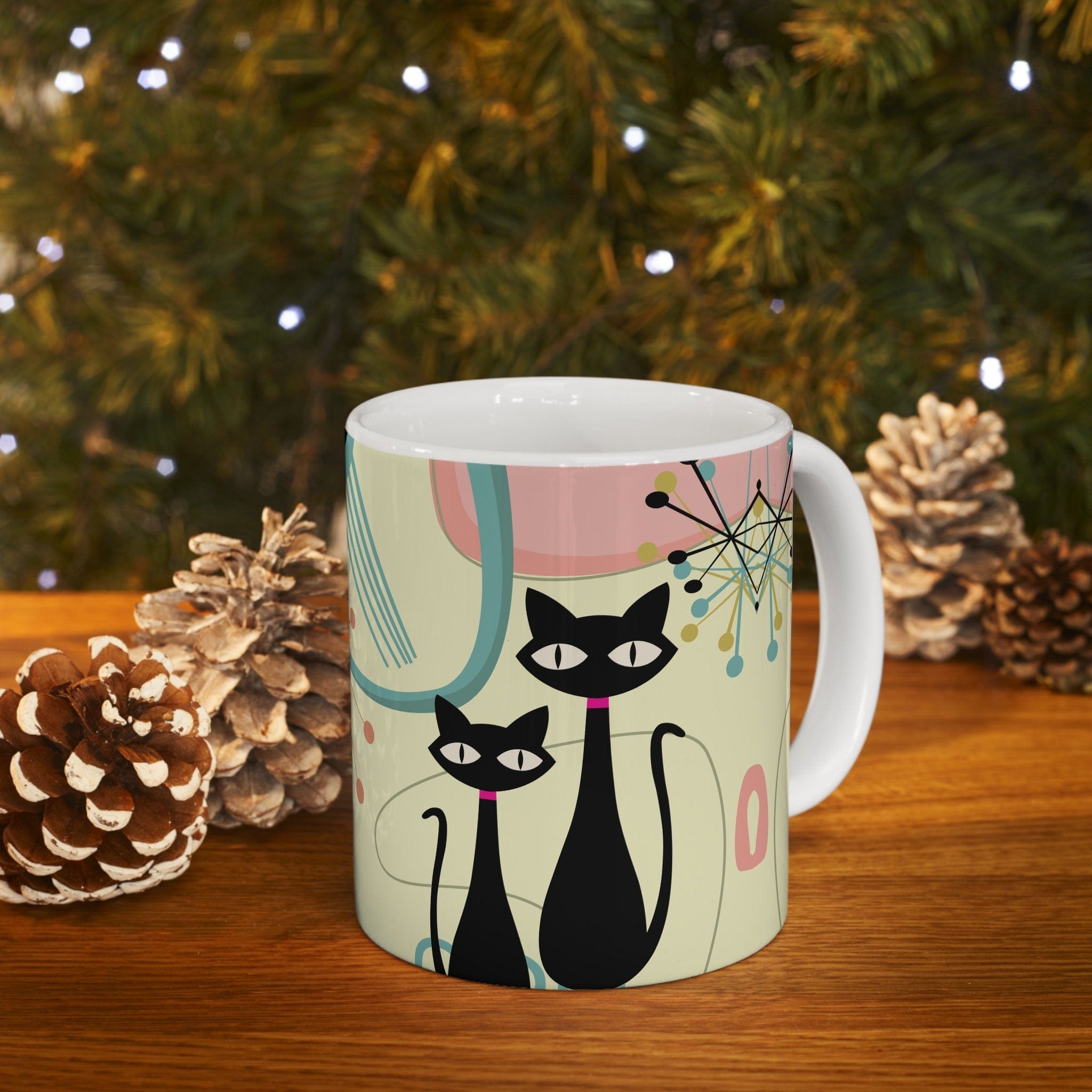 Kate McEnroe New York Atomic Cat Ceramic Mug, 11oz Mid Century Modern Beige, Aqua, Pink Boomerang Starbursts Drinkware - 127381923Mugs23601483768768573620