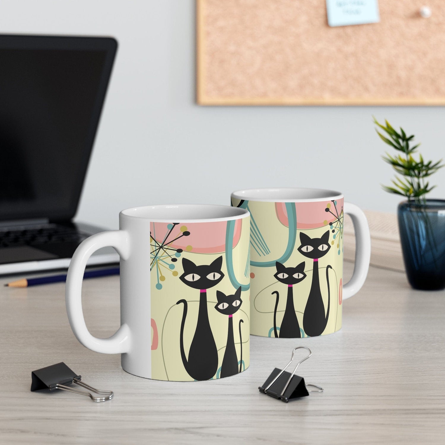 Kate McEnroe New York Atomic Cat Ceramic Mug, 11oz Mid Century Modern Beige, Aqua, Pink Boomerang Starbursts Drinkware - 127381923Mugs23601483768768573620