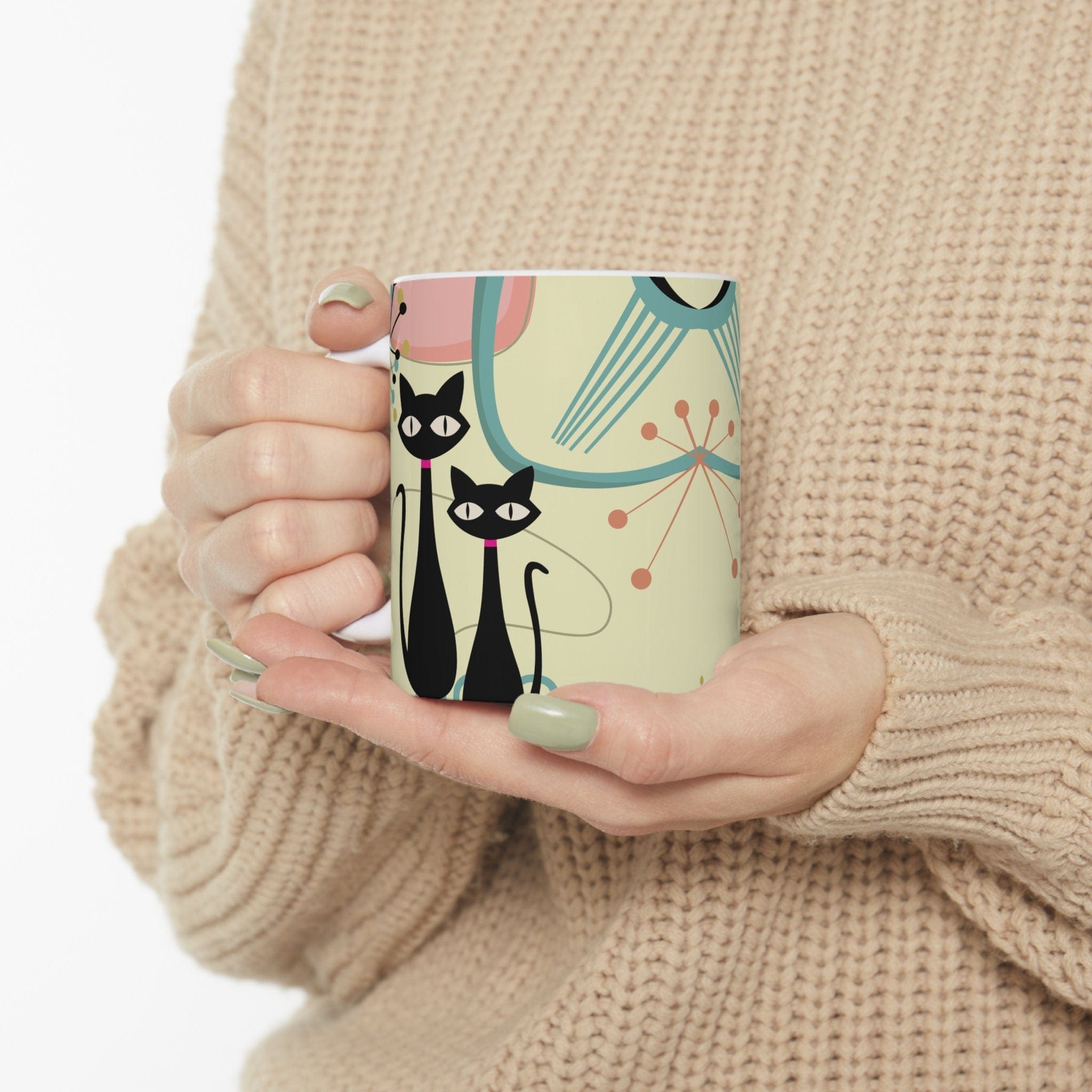 Kate McEnroe New York Atomic Cat Ceramic Mug, 11oz Mid Century Modern Beige, Aqua, Pink Boomerang Starbursts Drinkware - 127381923Mugs23601483768768573620