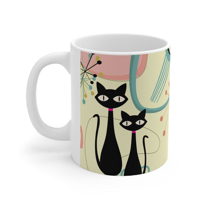 Kate McEnroe New York Atomic Cat Ceramic Mug, 11oz Mid Century Modern Beige, Aqua, Pink Boomerang Starbursts Drinkware - 127381923Mugs23601483768768573620