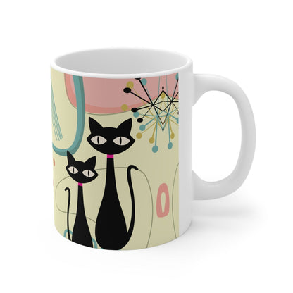 Kate McEnroe New York Atomic Cat Ceramic Mug, 11oz Mid Century Modern Beige, Aqua, Pink Boomerang Starbursts Drinkware - 127381923Mugs23601483768768573620