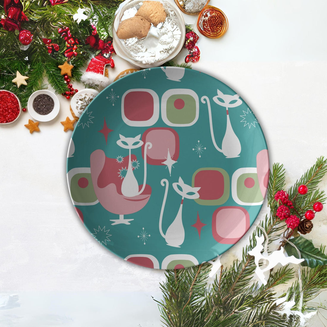 Kate McEnroe New York Atomic Cat Christmas Dinner Plates, Retro Festive Tableware, Mid Century Modern DishesPlates9820SINGLE