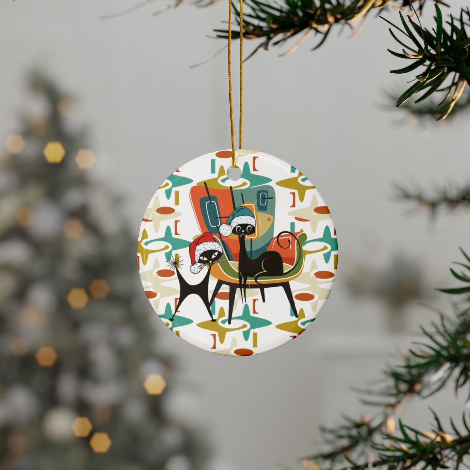 Kate McEnroe New York Atomic Cat Christmas Ornament, Mid Century Modern Retro Holiday Decor - Double Sided DesignOrnaments58671171283922089180
