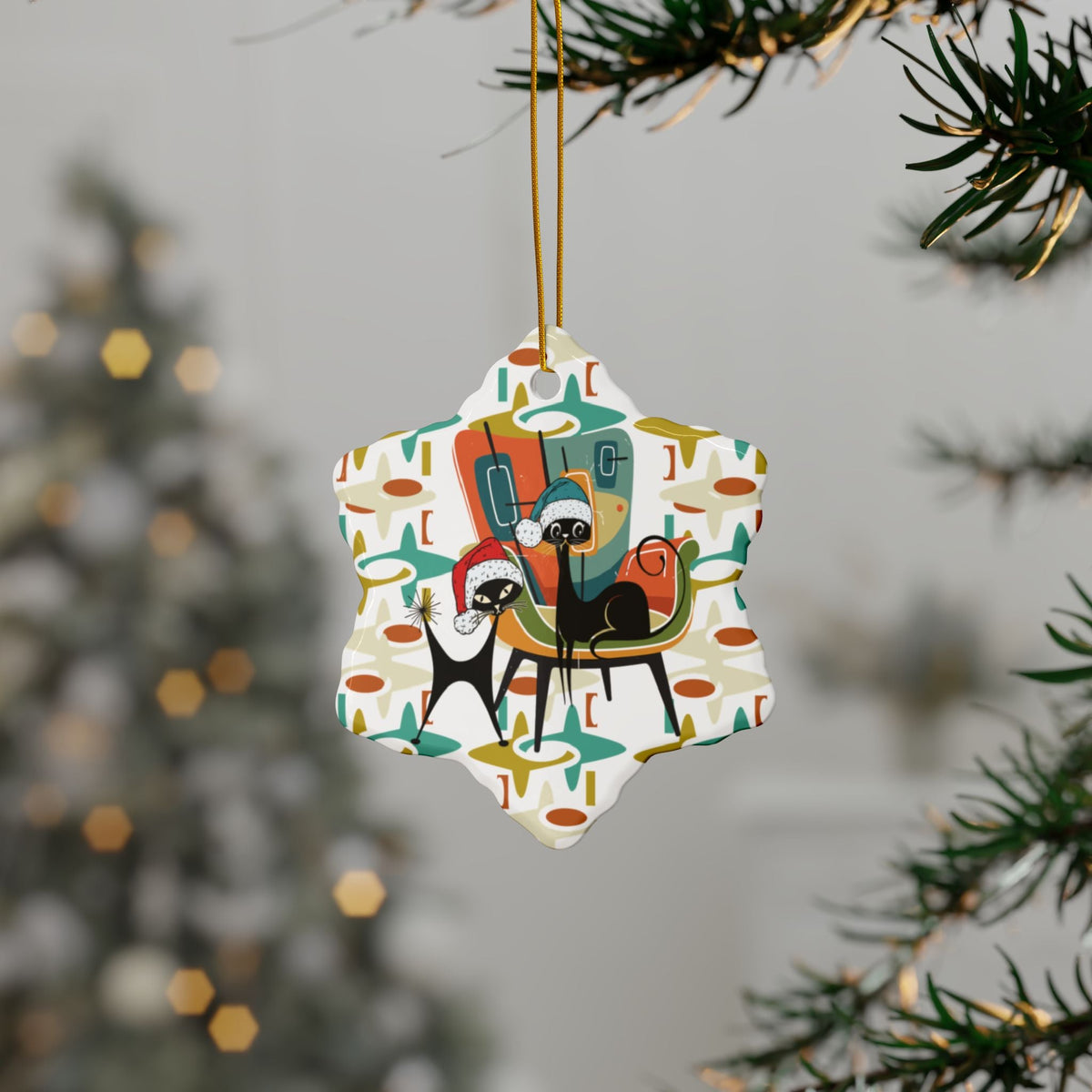 Kate McEnroe New York Atomic Cat Christmas Ornament, Mid Century Modern Retro Holiday Decor - Double Sided DesignOrnaments58671171283922089180
