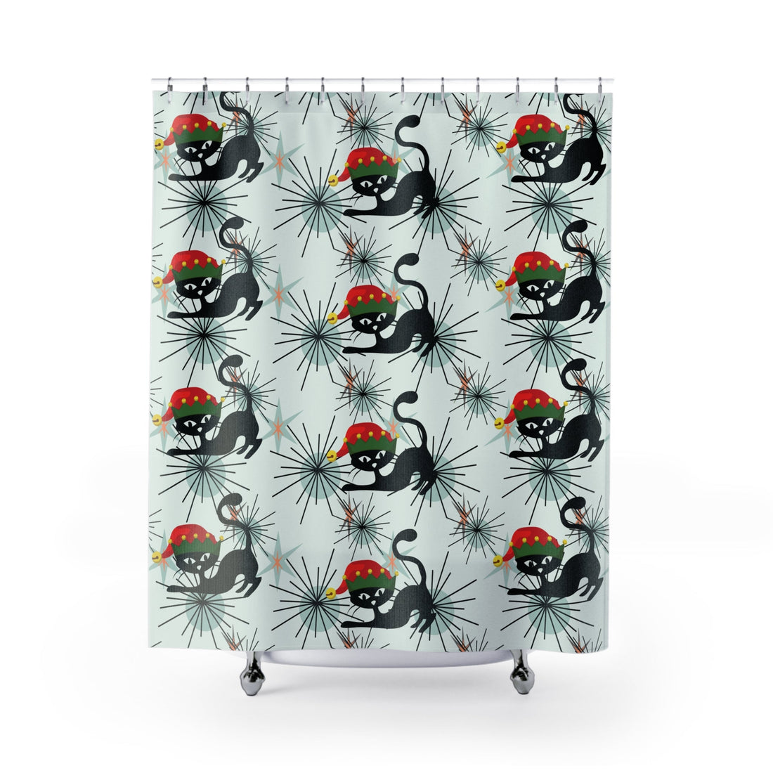 Kate McEnroe New York Atomic Cat Christmas Shower Curtain, Retro MCM Holiday Bathroom DecorShower Curtains23519753228174858594