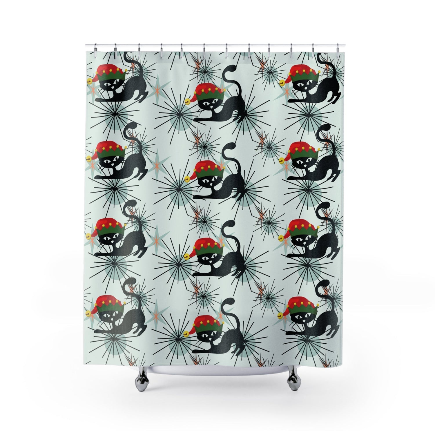Kate McEnroe New York Atomic Cat Christmas Shower Curtain, Retro MCM Holiday Bathroom DecorShower Curtains23519753228174858594